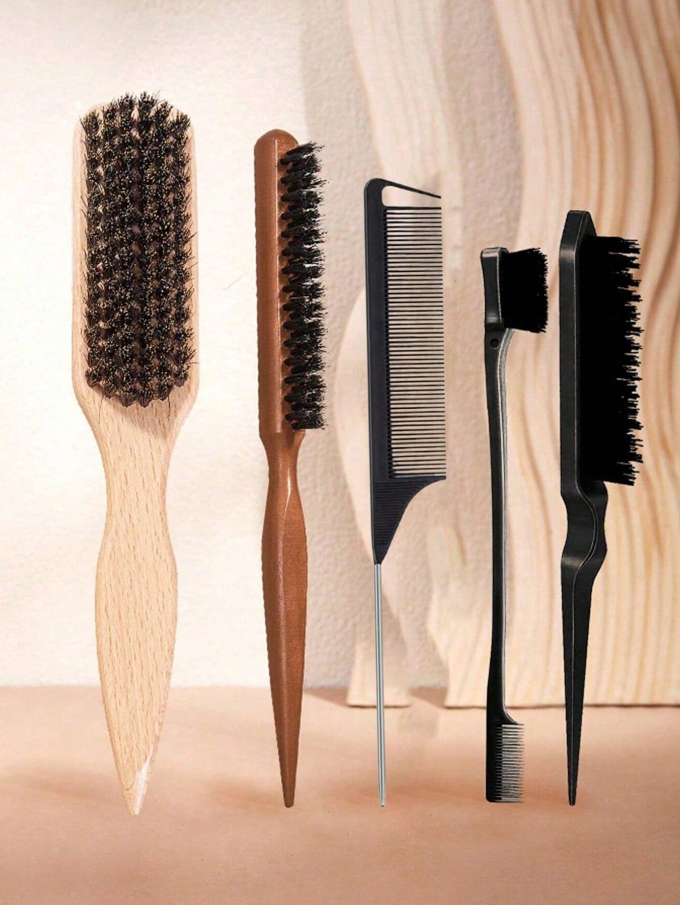 5/1pcs Unisex Beard Brush With Soft Bristles, Smooth Backcomb, Volumizing Wooden Handle Comb, Tame Frizz And Flyaways, Plastic Hair Comb, Create Sleek Ponytail And Bun - Wide Pointed Tail Teasing And Detangling Comb, Convenient For Parting, Styling, Polishing And Smoothing Hair, Suitable For Men And Women, Recommended As Christmas Gift