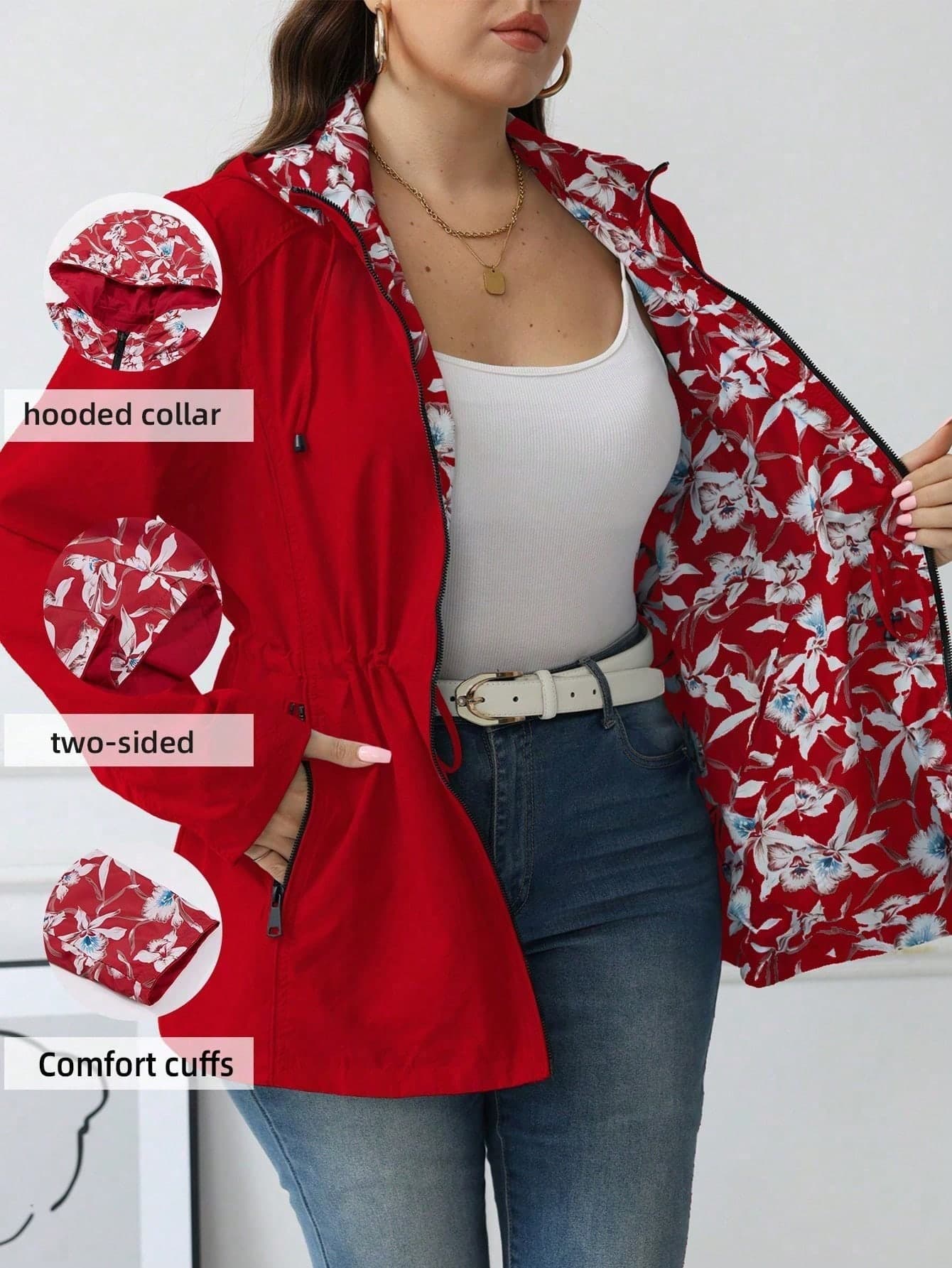 Risissida Women's Plus Size Casual Hooded Jacket, Reversible Printed Pattern, Autumn/Winter Valentine's Day Coat, Spring Clothing