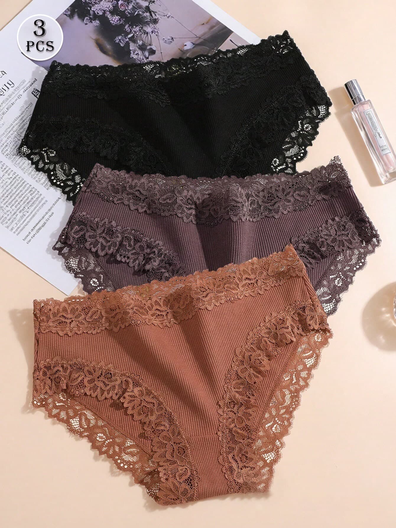 3pcs Solid Color Cotton Ribbed Lace Patchwork Sexy Comfortable Women's Triangle Panties