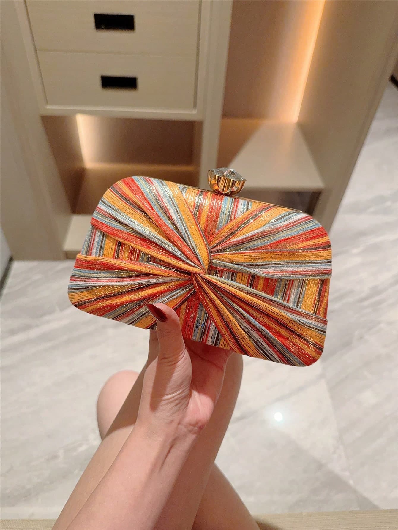 Moonlit Eve Bag, Summer Orange Multicolor Striped Crossbody Bag, Fashionable Retro Chain Strap Evening Clutch, Mini Square Box Bag, Suitable For Party Girls, Brides, College Students, Young Professionals, Versatile For Party, Prom, Wedding, Perfectly Matched With Party Accessories, Pattern Sent Randomly
