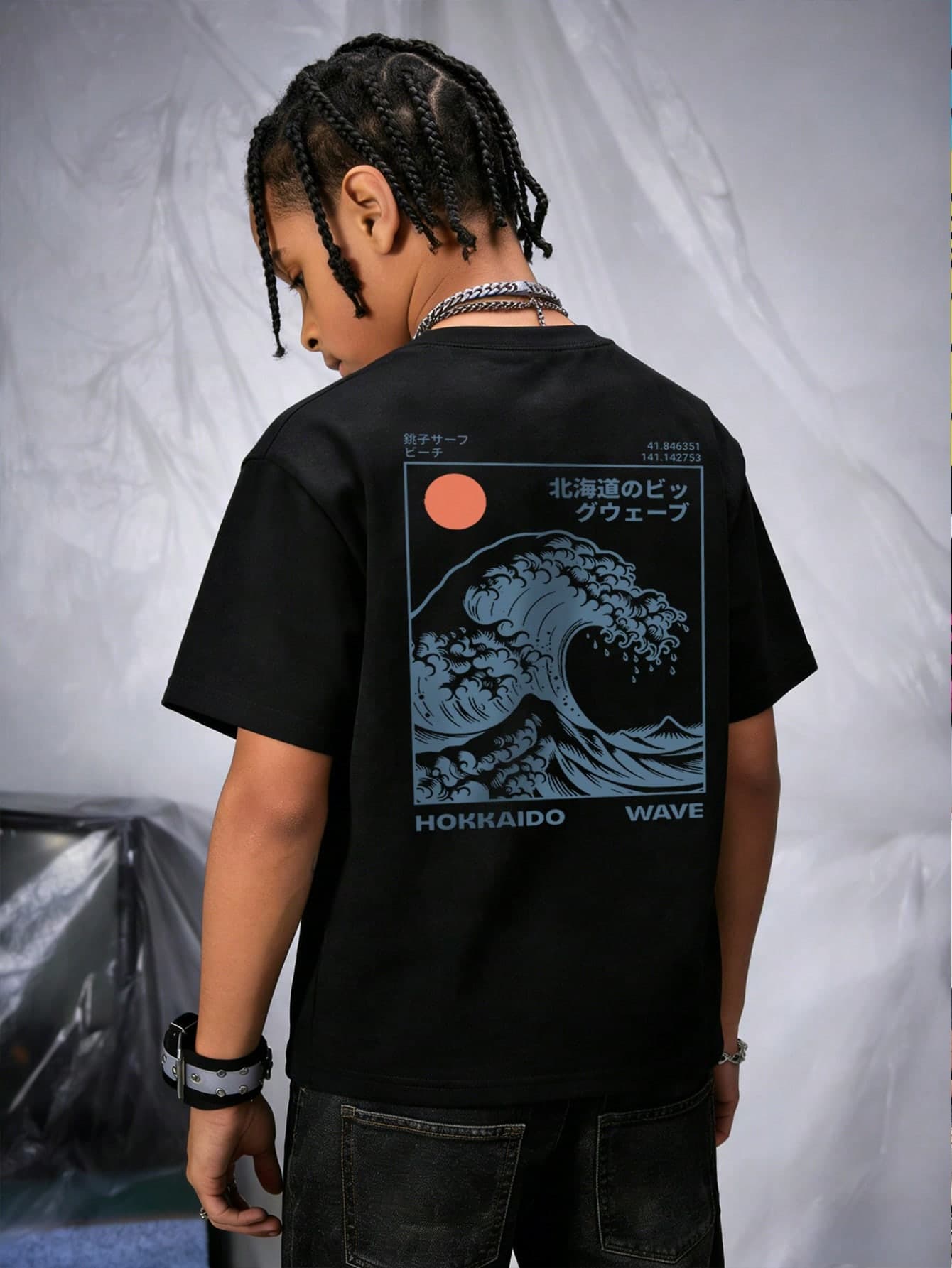 Boys' Cool Ukiyo-E "The Great Wave Off Kanagawa" By Hokusai Graphic Short Sleeve T-Shirt, Japanese Streetwear Style For Summer
