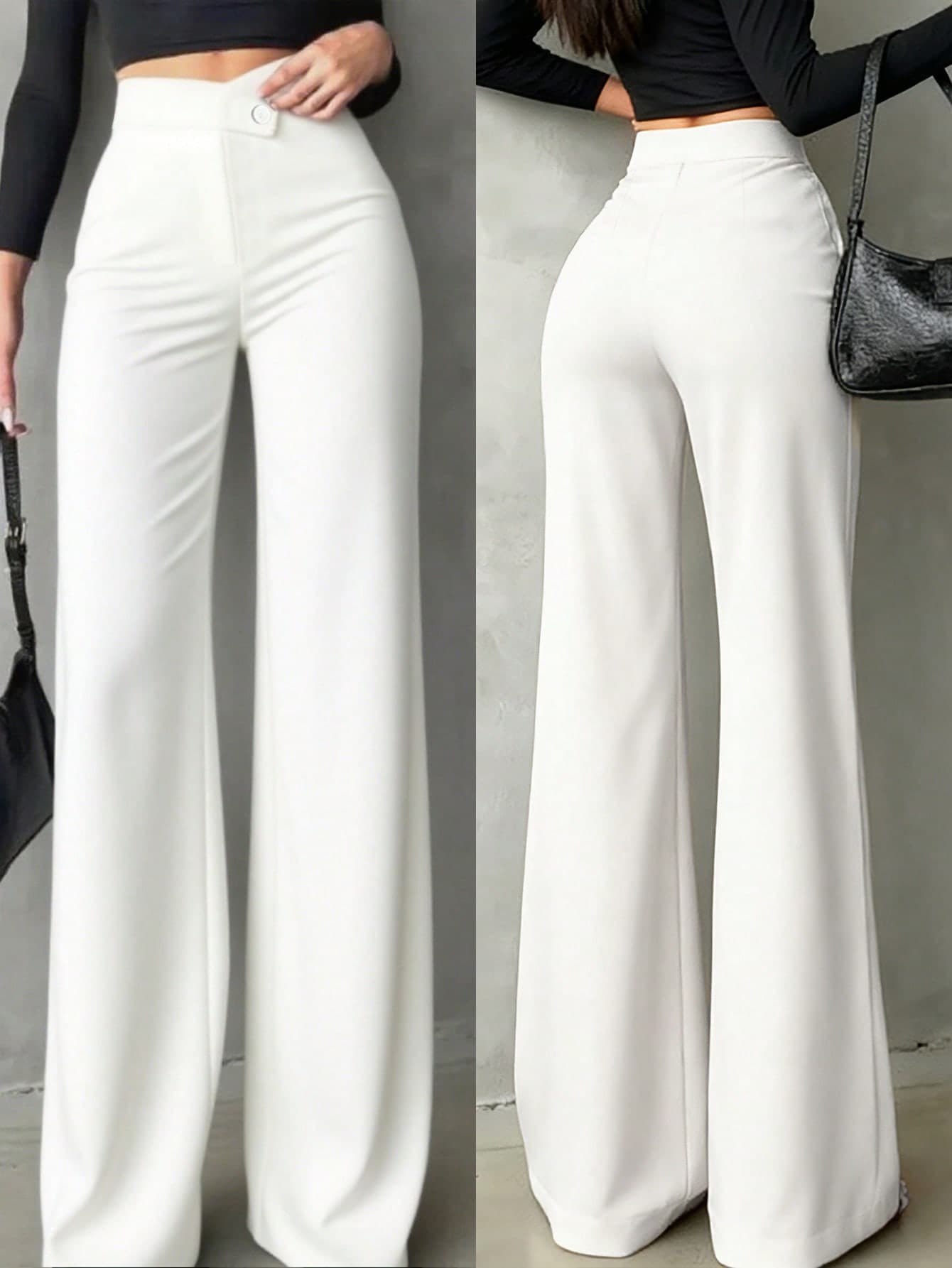 Women's Casual Elegant Straight-Leg Pants, Black, V-Shaped Design At Back Waist Accentuates Curves, Suitable For School, Work, Dates, Holidays And Other Daily Occasions White