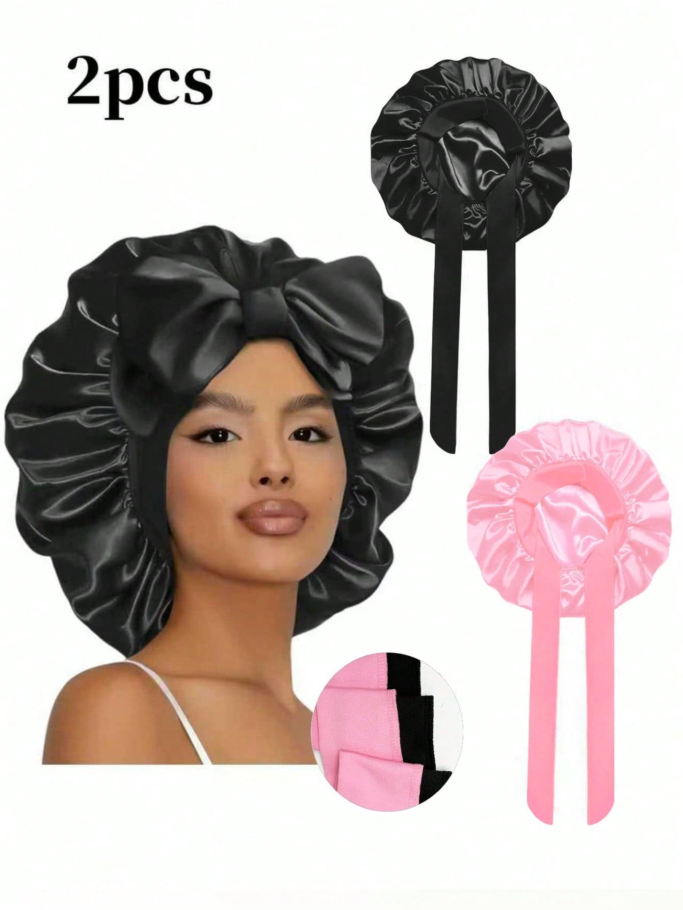 2Pcs Women Stain Bonnet With Tie For Women,Adjustable Bow Sleep Bonnet, Night Hair Protection Hat Fit Long Curly Hair