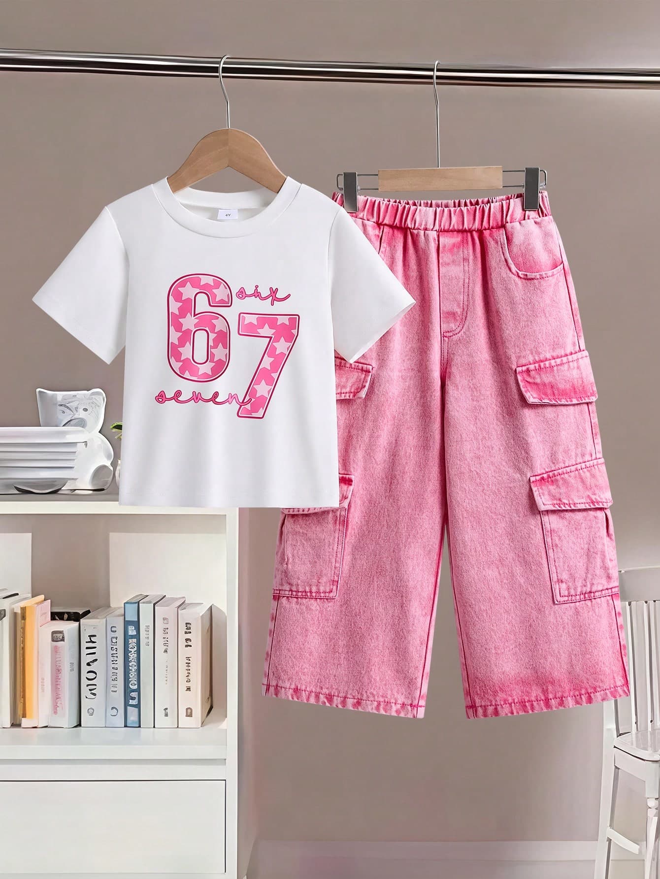 Girls' Summer Sweet 2 Pieces Set: White Numeric Print Short Sleeve T-Shirt + Pink Washed Denim Wide-Leg Pants, Young Girl Outfit