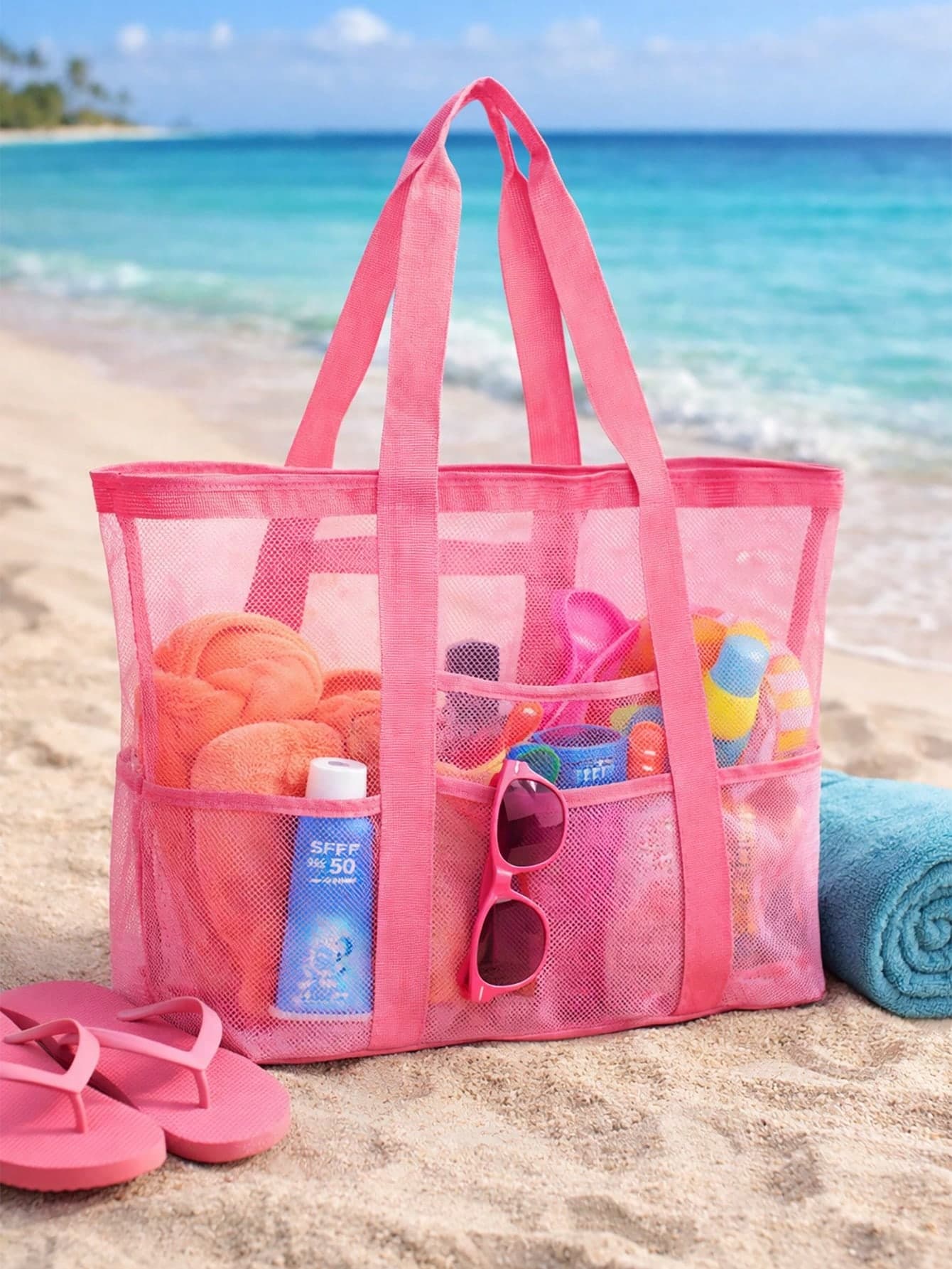 Hollow Polyester Mesh Large Capacity Beach Bag, Travel Laundry Bag, Swimming Storage Bag, Minimalist Mesh Beach Bag, Mother's Day Gift For Mom, Crochet Bags