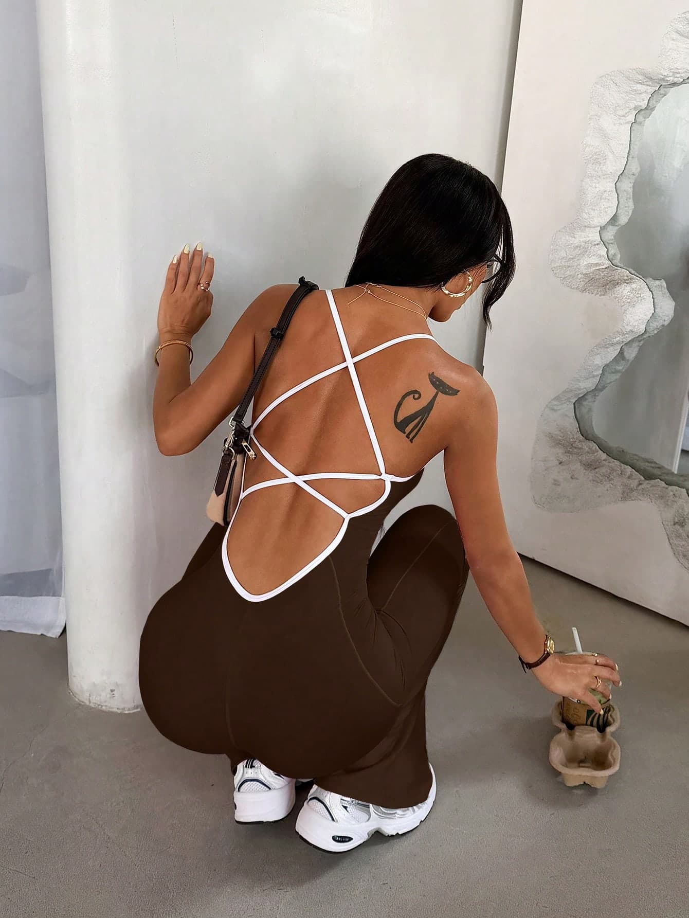 FWH Cross Back Strap Design With Tummy Control And Bust Enhancing | Flared Leg Opening For Butt Lift And Leg Lengthening Effect Bust Enhancing Butt Lift Leg Lengthening Tummy Control Flared Leg Opening Leg Lengthening Long Legs Commute Gym Pilates Office Women's Sports Cross Back Tummy Control Jumpsuit