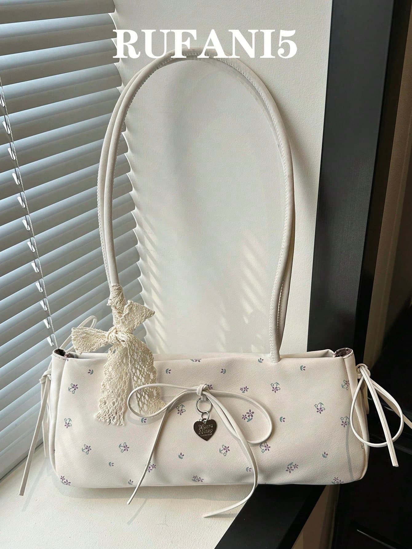 New Fashion Full-Print Lace Bow Decor Handbag, Elegant Multi-Purpose Metal Hanging Decoration Women's Shoulder Bag, Suitable For Shopping, Wallet, Shopping, Young Women, College Students, Newlyweds, White-Collar Workers. Ideal For Office, School, Work, Commuting, Outdoor Activities, Travel, Going Out And Other Occasions.