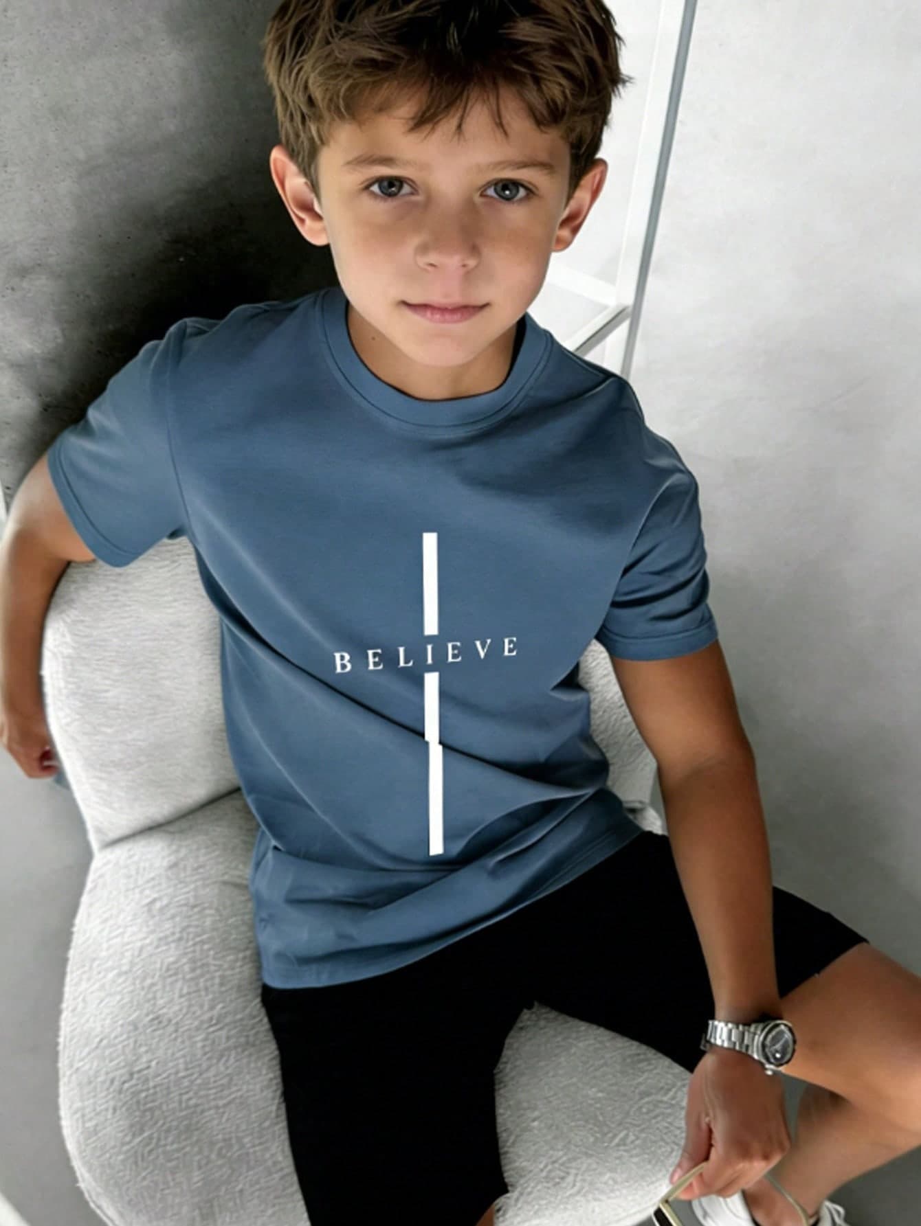 1pc Tween Boys' Motivational Slogan Confident Positive Energy Print Short Sleeve T-Shirt, Summer Top For Young Students