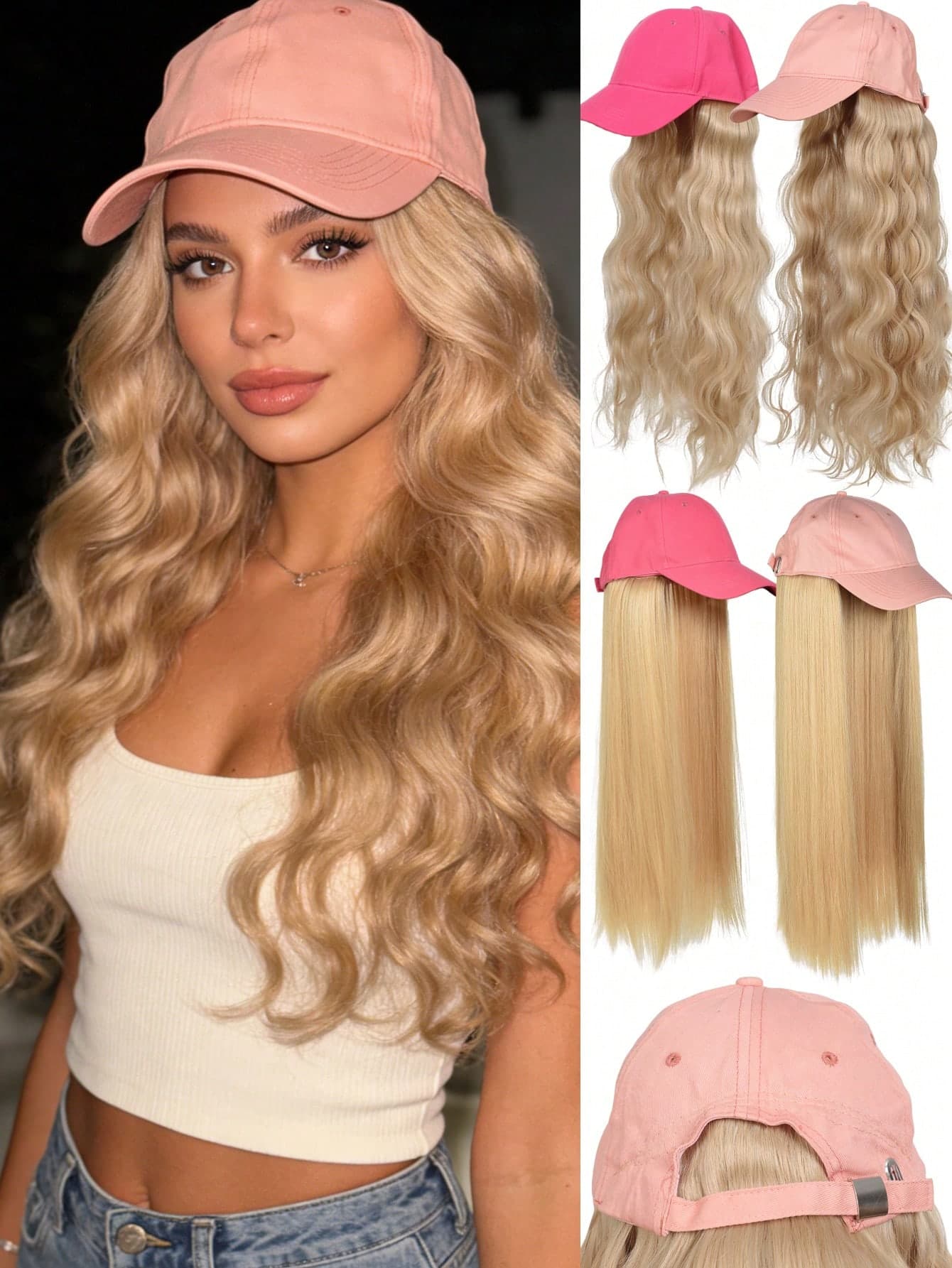 Pink Baseball Cap Synthetic Wig Hat One-Piece Female Golden Long Curly Hair Baseball Cap Fashion Cap Wig