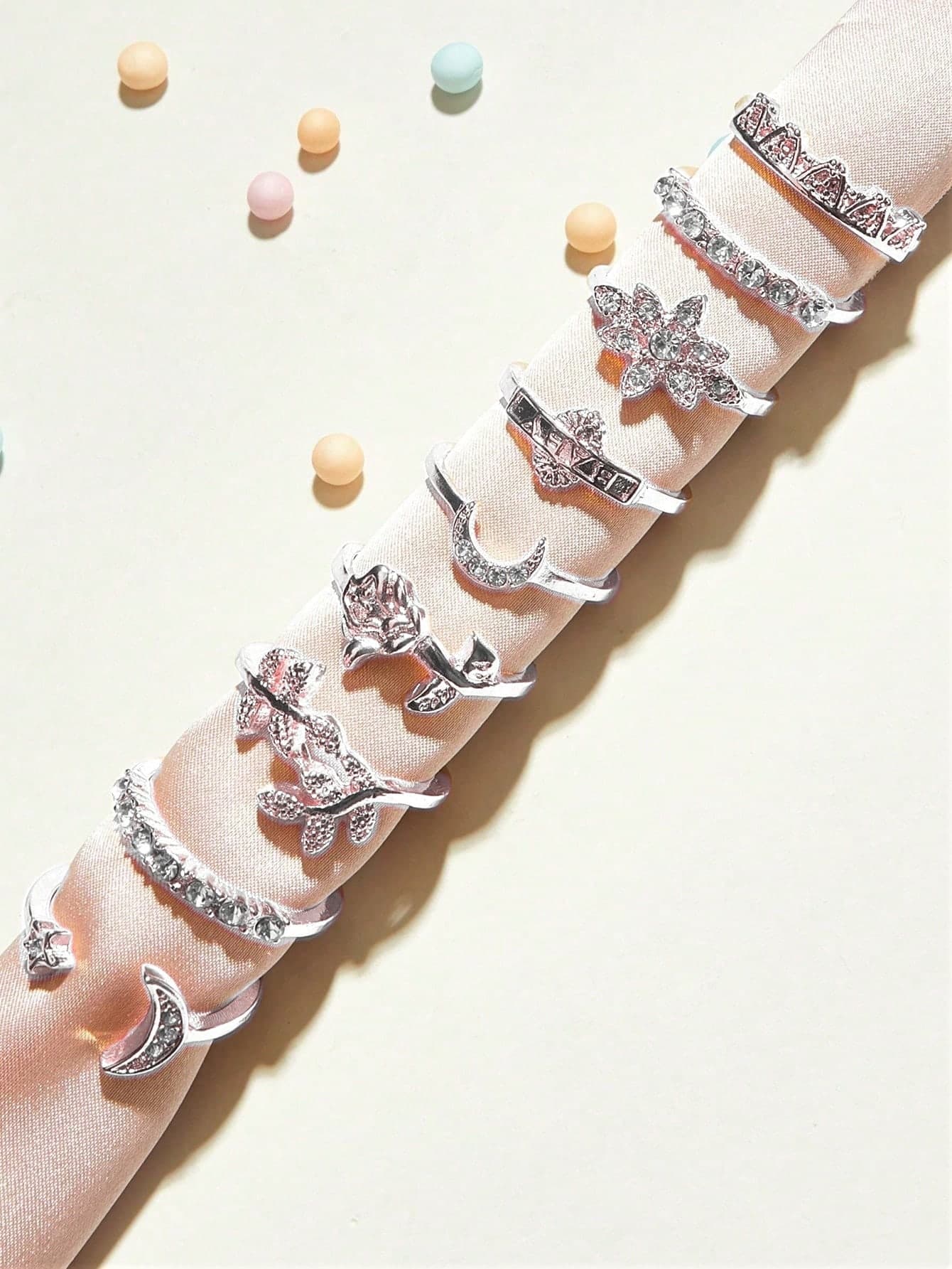 9pcs Moon Shaped Rhinestone Rings, Elegant Fashion Versatile Daily Wear Gift