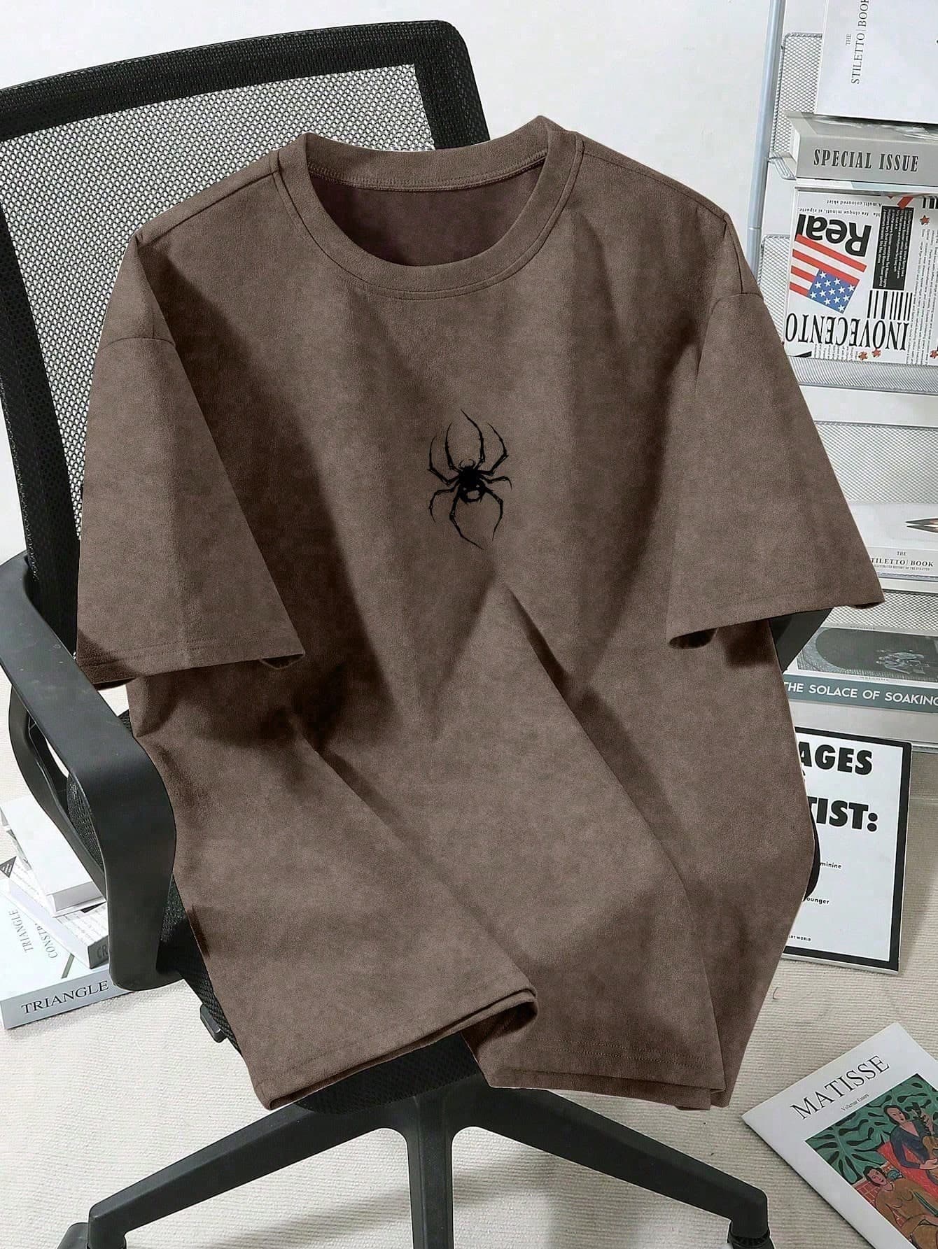 1pc Teen Boys Fashion Hip Hop Personalized Versatile Spider Print Suede Short Sleeve T-Shirt