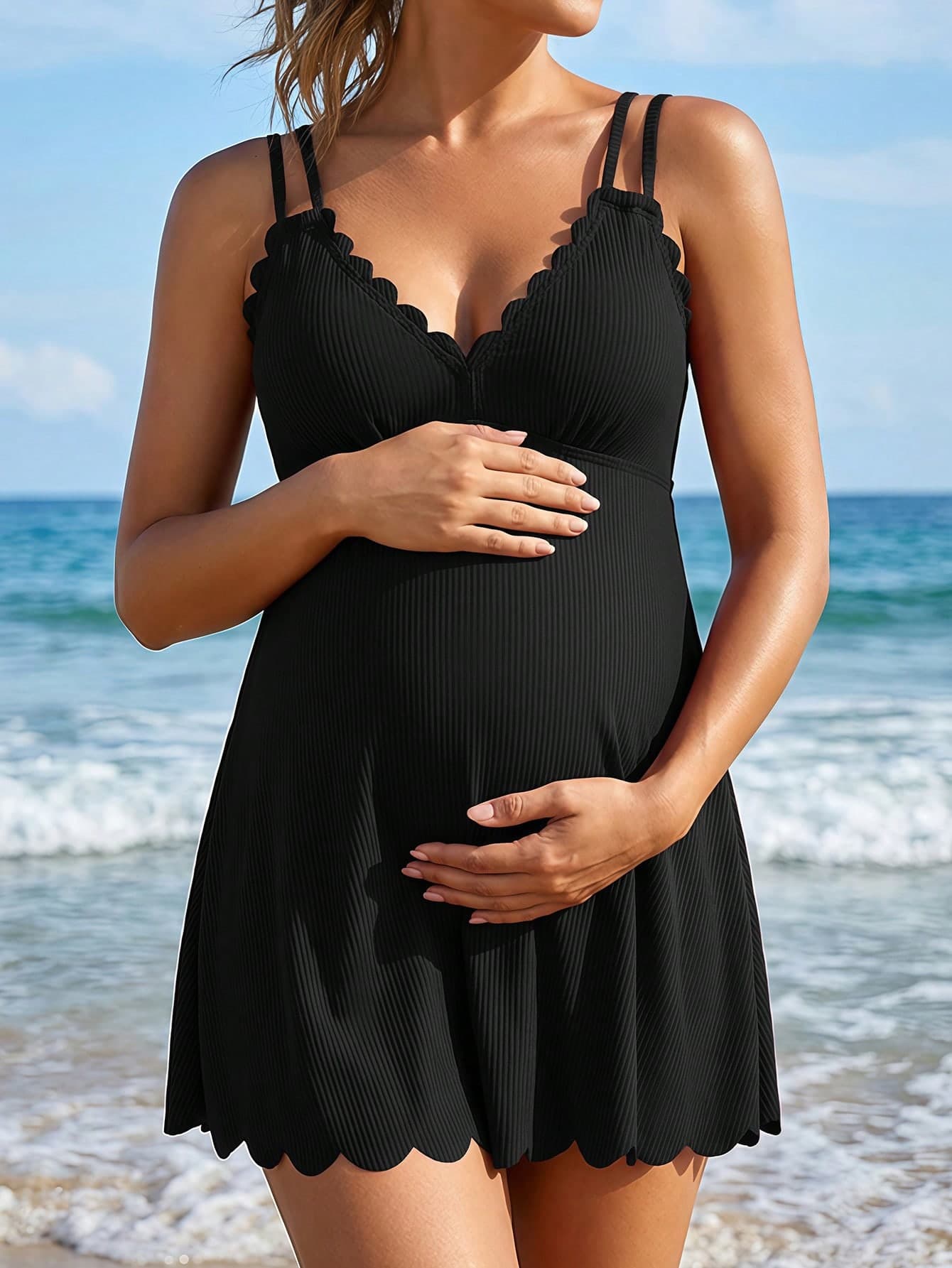 Women's Casual V-Neck Sleeveless Maternity Short Swimsuit With Black Ruffle Trim One-Piece Swimwear
