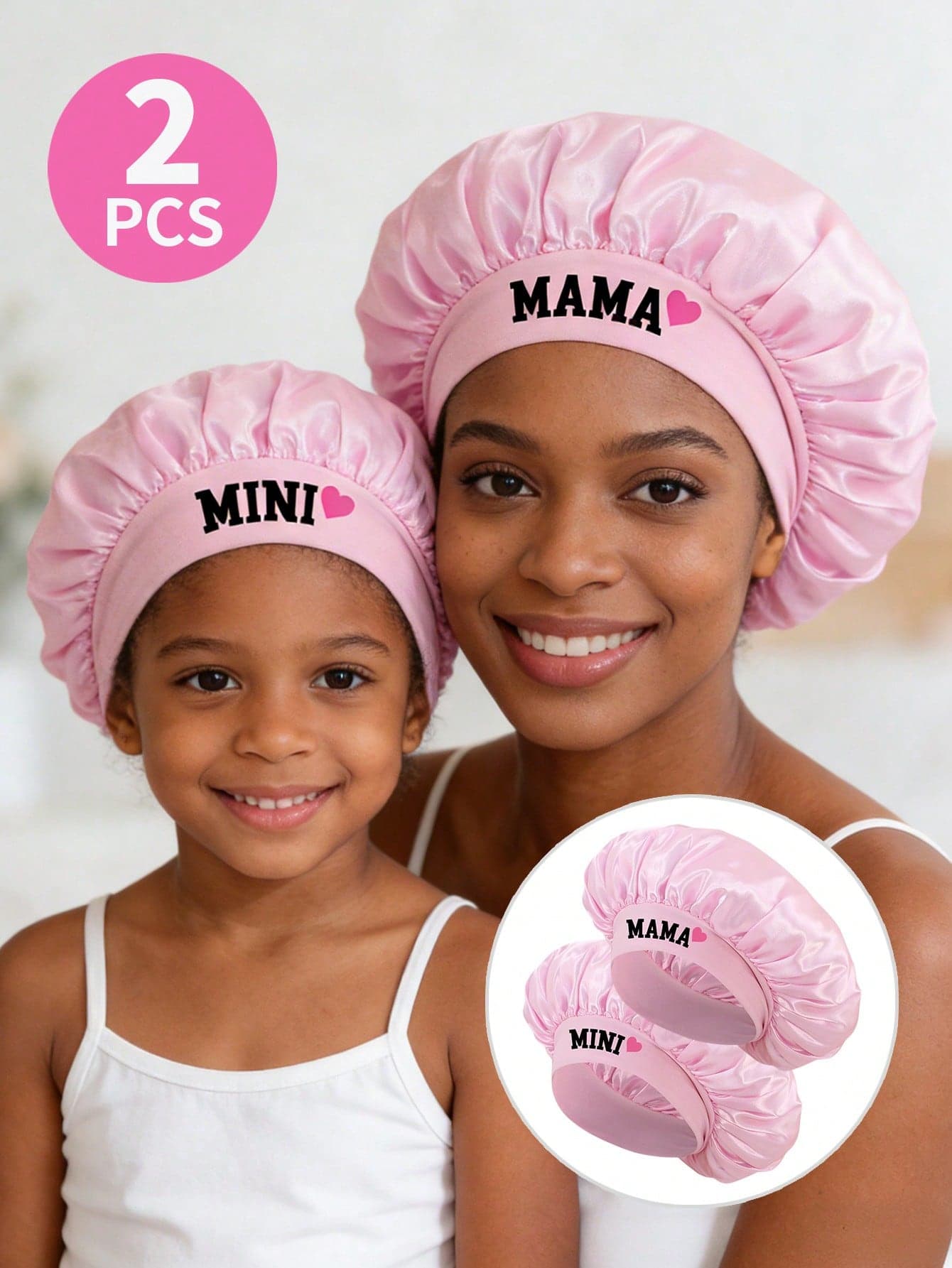2pcs/Set Mother & Daughter Pink Heart Satin Hair Bonnet Set, For Hair Care & Sleeping