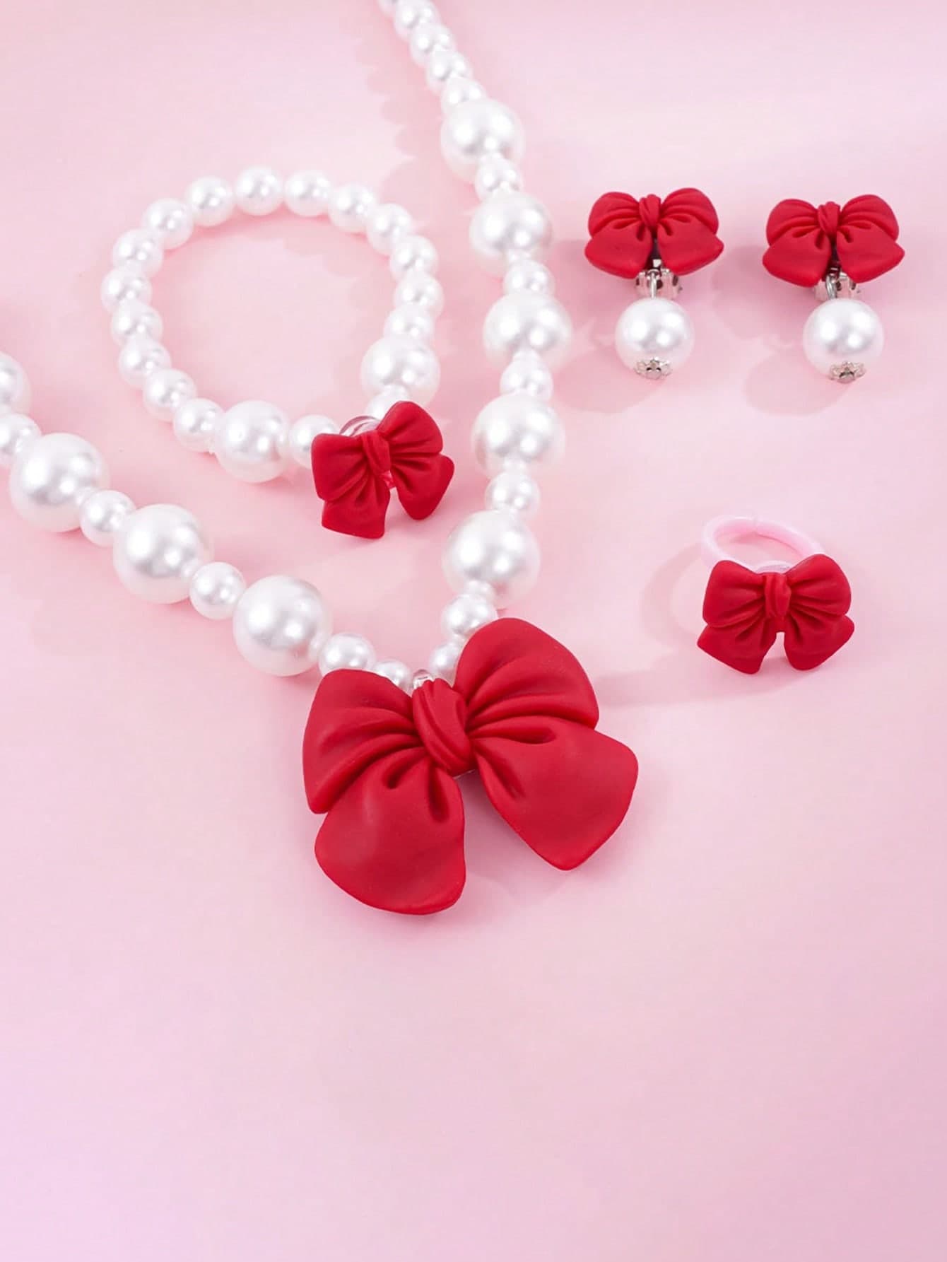 5pcs/Set Kids Faux Pearl Bow Necklace, Bracelet, Earrings, Ring Jewelry Set