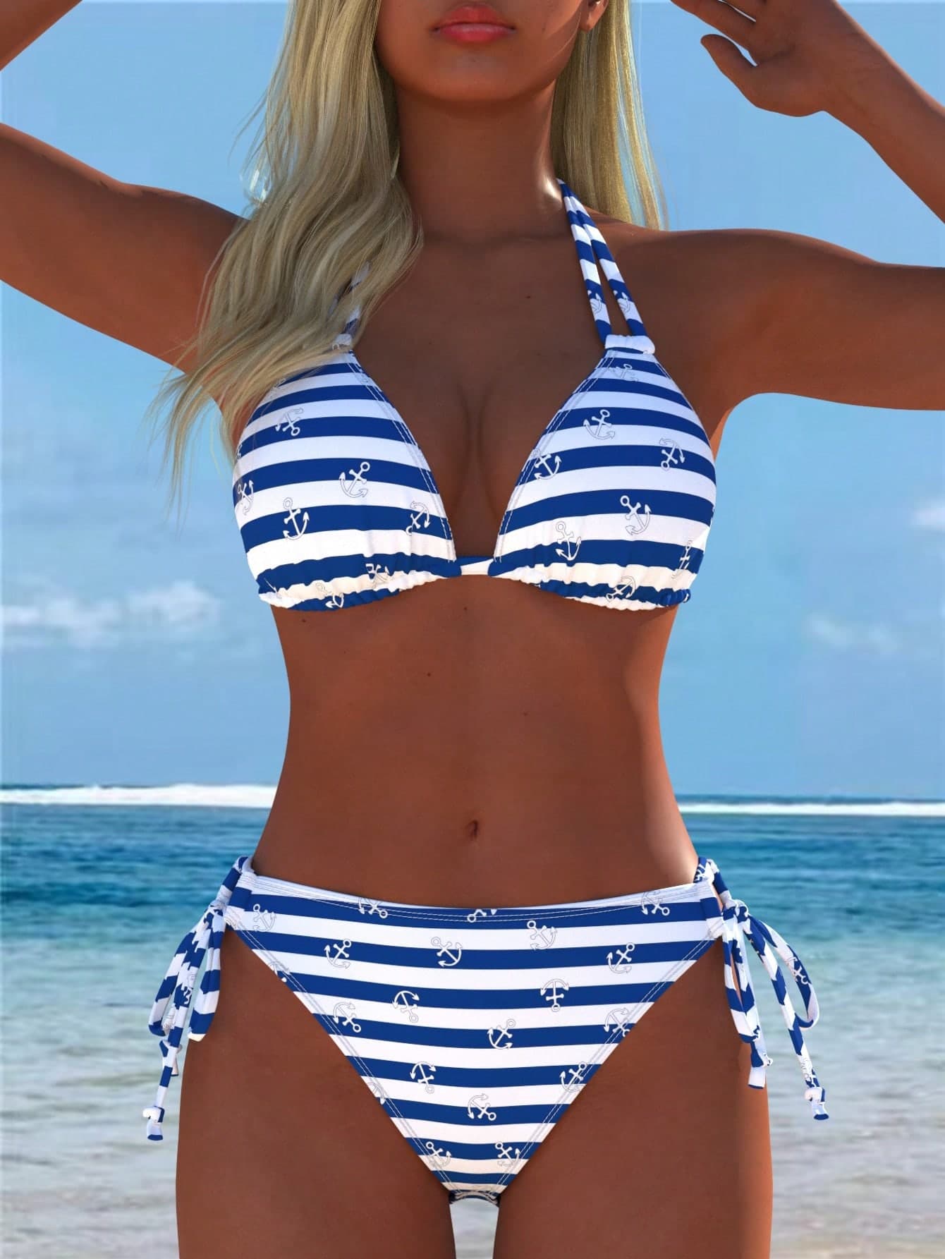 Sexy Casual Women's Halter Bikini Set, Navy Stripe & Anchor Print Tie Swimsuit, New Arrival, Holiday Summer Vacation Travel Outfit Beach
