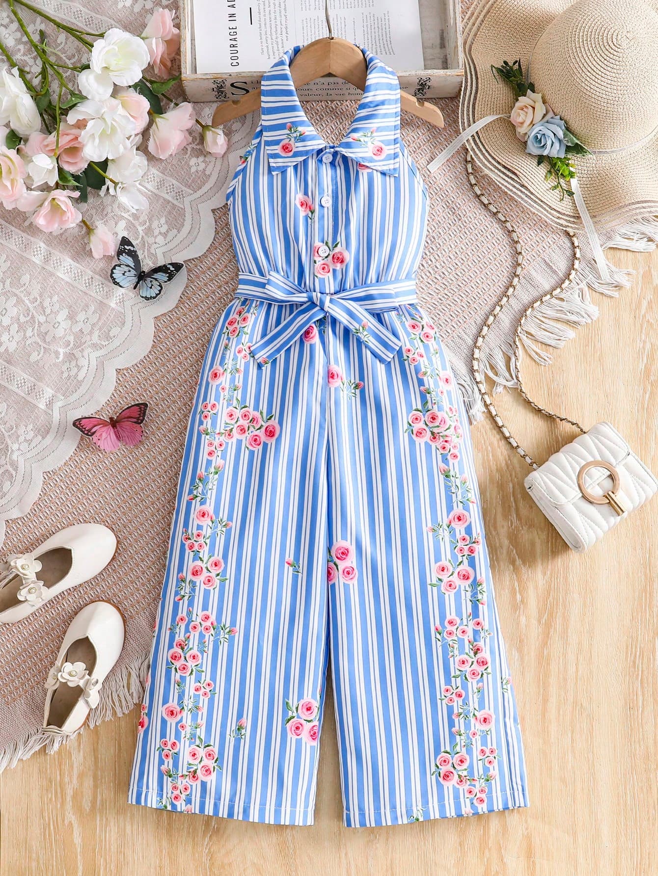 Girls' Summer Fresh Romper, Blue & White Striped Halter Collar Rose Print Waist Flared Leg Pants, Young Girl Clothing
