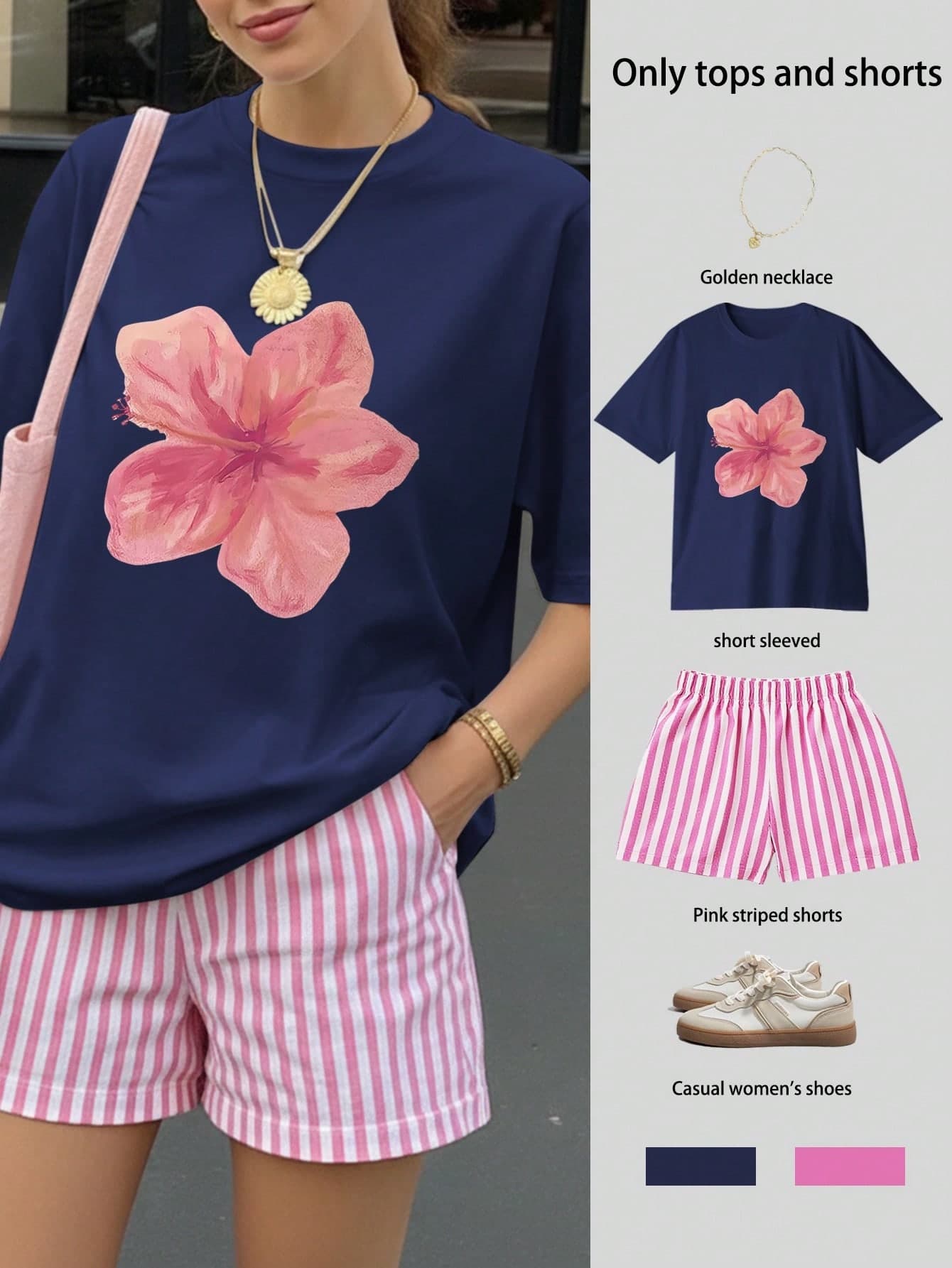 Women's Ditsy Floral Loose Short Sleeve Top & Striped Shorts Set, Women's Summer Casual 2-Piece Outfit, Mexico, Canada, Hawaii, Summer Outfits For Women Women's Clothing, Going Out Tops, Preppy Style