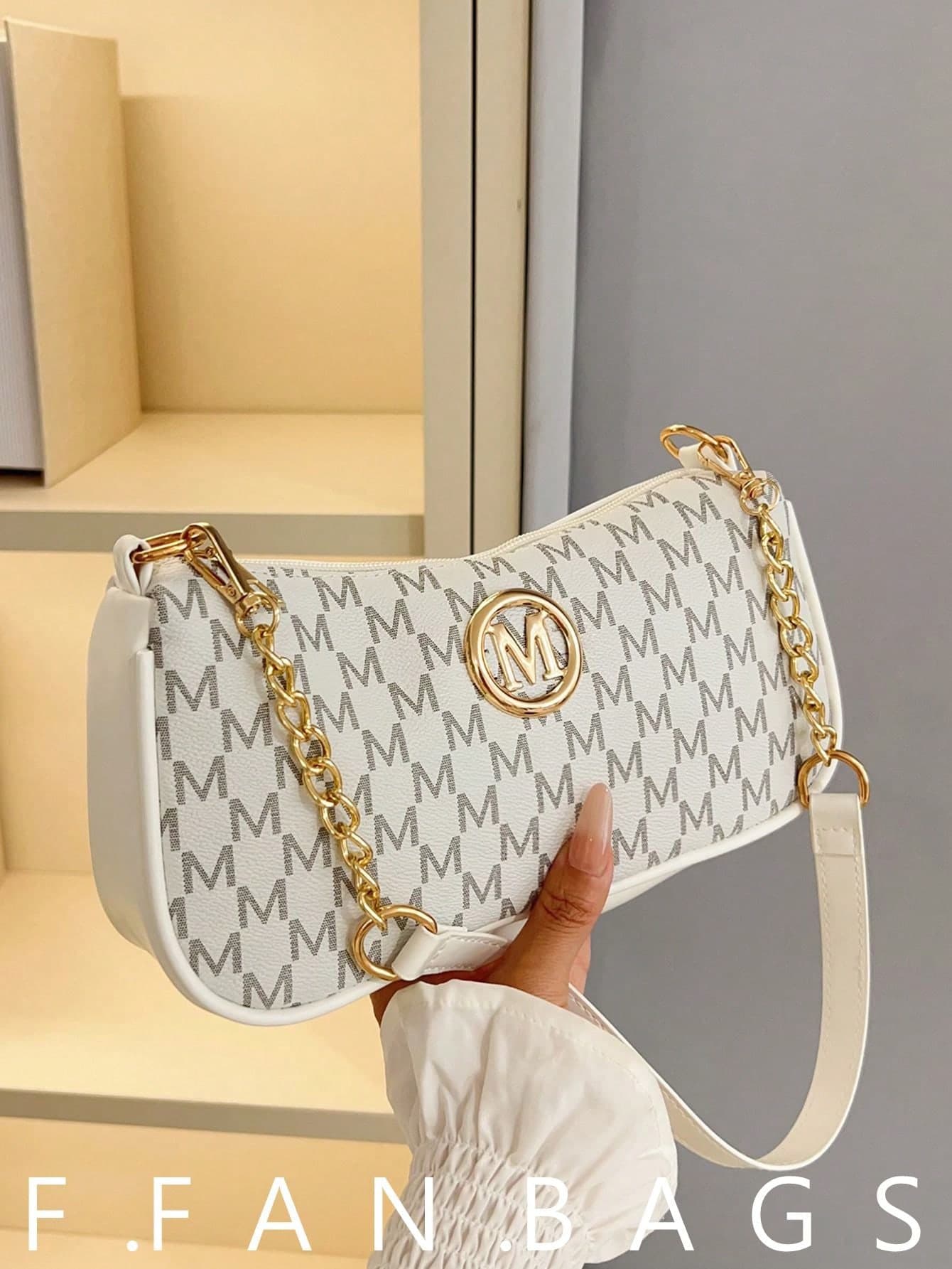 1pc Women's Retro Crossbody Bag, New Letter Print Small Square Bag With Adjustable Strap And M Logo, Zipper Closure, Suitable For Work Commute And Casual Outings, Light Brown/White/Multifunctional Handbag, Fashion Accessory, Elegant Christmas Gift For Her, Cream Color