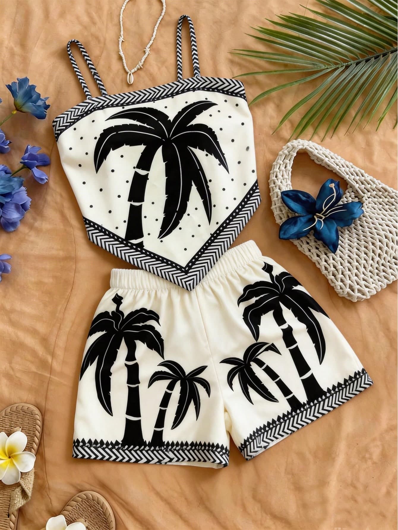Women's Khaki & Black Ditsy Floral Camisole + Elastic Waist A-Line Shorts 2-Piece Set, Spring/Summer Vacation Elegant