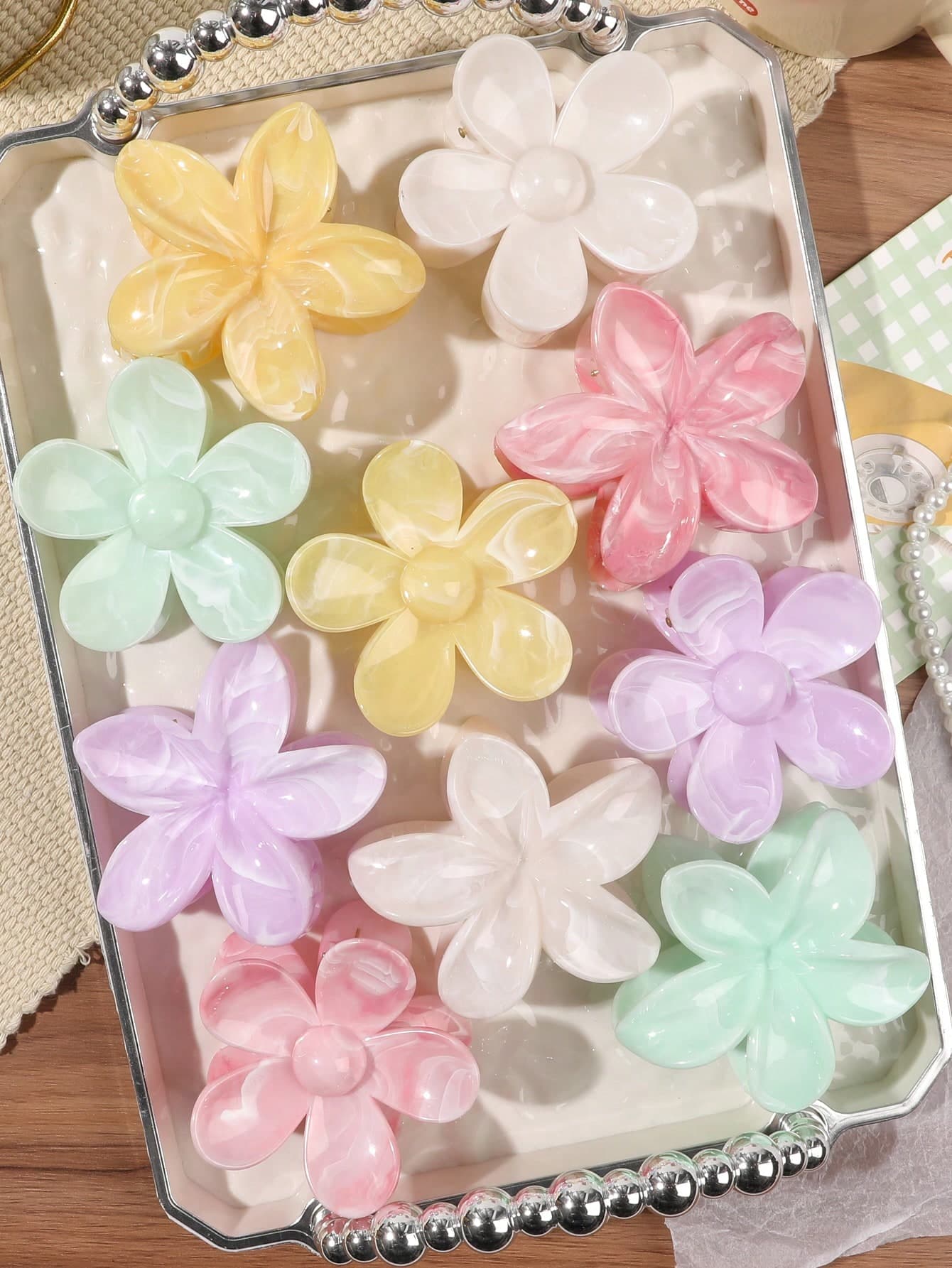 10pcs Macaron Color 3D Daisy Flower Marble Tie Dye Hair Claw Clips, Korean Style Cute Sweet Gentle Vibe For Travel, Picnic, Party, Gathering, Half Updo, Bangs, Nape Hair Styling Accessories Summer Vacay Hair Accessories,Holiday,Festival,Birthday