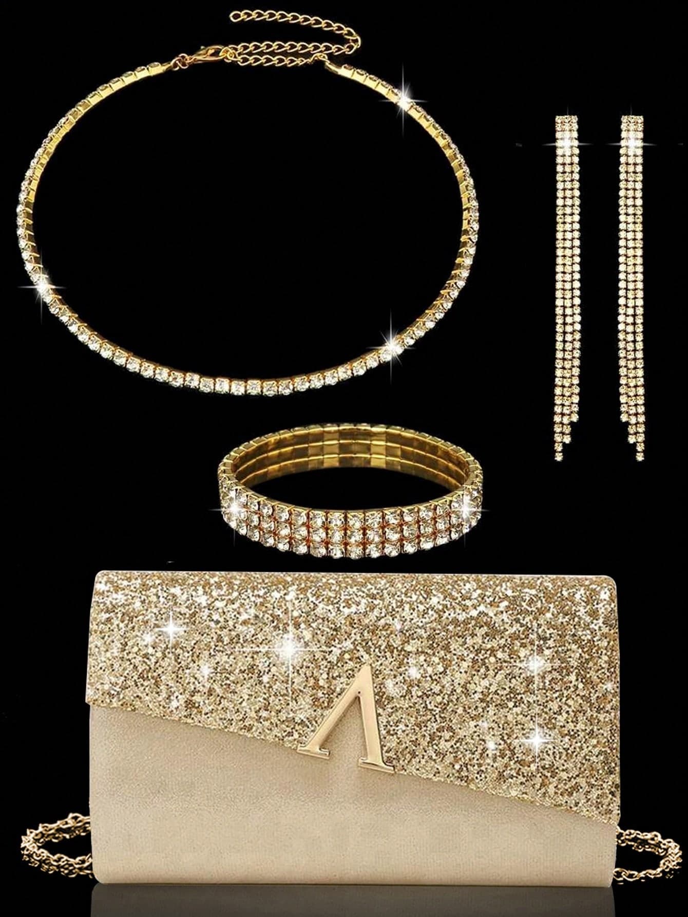 Elegant Evening Clutch, Sparkling A-Shaped Diamond Flap Envelope Clutch, Comes With Sparkling Rhinestone Jewelry Set Of 3, Elegant Evening Clutch, Women's Ball Handbag, Women's Wedding Evening Bag, Party Handbag, Metal Chain Handbag, Wedding Party Handbag, New Cocktail Party Wedding Wallet Evening Clutch