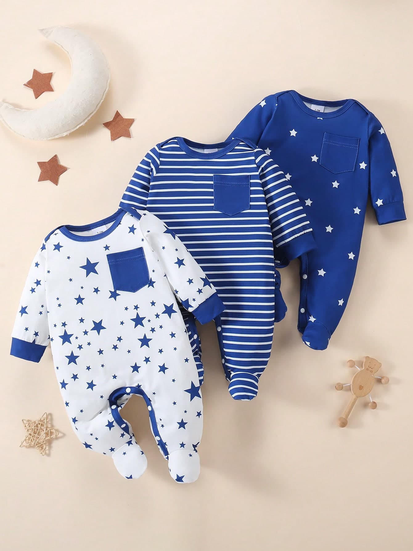 3pcs/Set Star Print Footie Romper