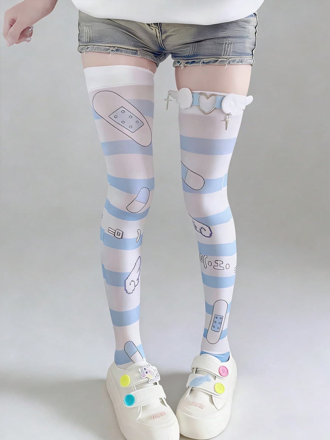 STAR RIVER 1Set Subculture Stockings: Blue Striped Thigh-High Socks+Heart Wing Leg Decor Cute Anime Print Knee Socks, Lolita Cosplay Y2K
