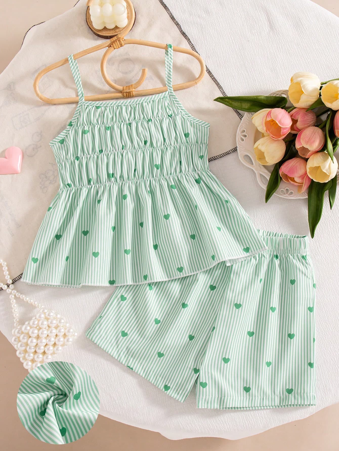 2pcs Girls Casual Striped Heart Print Decor Camisole Top And Elastic Waist Shorts Set, Spring/Summer