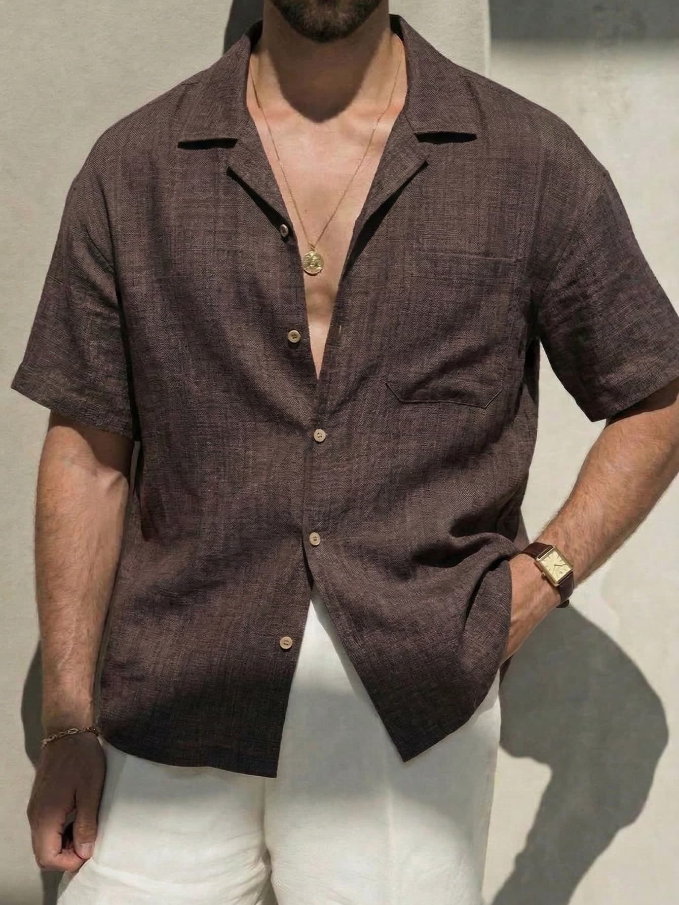 1pc Brown Loose Fit Faux Linen Men's Shirt, Casual Vacation Shirt, Lightweight Breathable, Vacation Style, Machine Washable, Oversized Fit, Summer Beach Holiday, Beach Outing, Fresh And Comfortable Men's Top, Size Runs Large, Can Order One Size Down