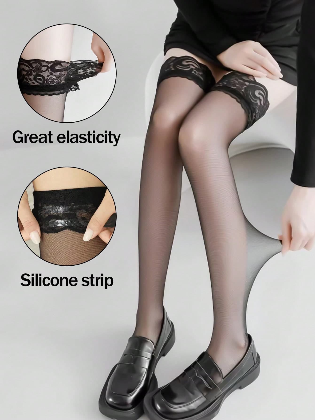 1pair Lace Trim Silicone Thigh High Stockings, Seamless Sheer Tights, Summer