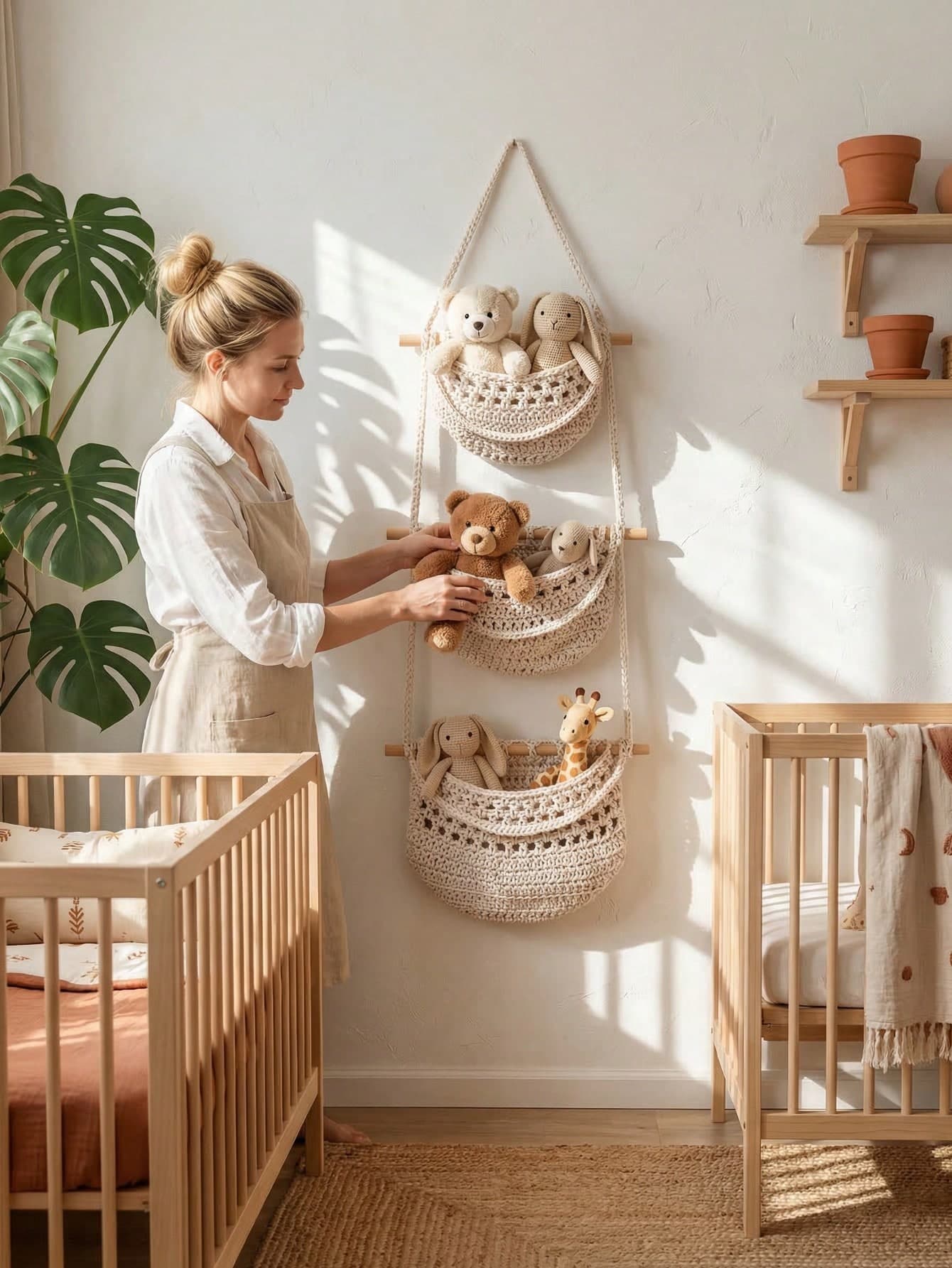 3-Tier Detachable Children's Handmade Woven Hanging Storage Bag, Baby Small Toy And Snack Organizer, Cute Multi-Compartment Hanging Storage Bag, Kids Room Bedside Toy Organizer Bag (Small Size, Please Purchase Carefully) 33cm*80cm