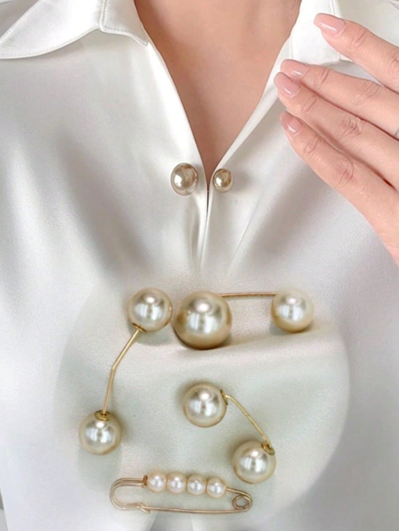 4-Piece Champagne Faux Pearl Embellished Lapel Clothes Dress Scarf Belt Pants Tightening Buckle Brooch Pin, Daily Decoration