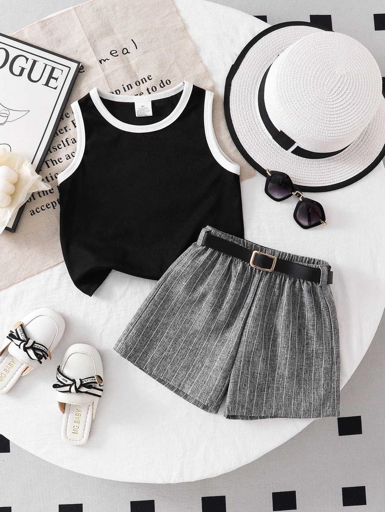 Girls' Sleeveless Top And Shorts Set, Summer Outfit. Contrast Trim Vest + High Waist Straight Shorts, 2pcs. Korean Minimalist Style With Textured Belt, Suitable For 4-8 Years Old. Ideal For Outdoor, Casual, Party, Holiday Gift And Birthday Gift