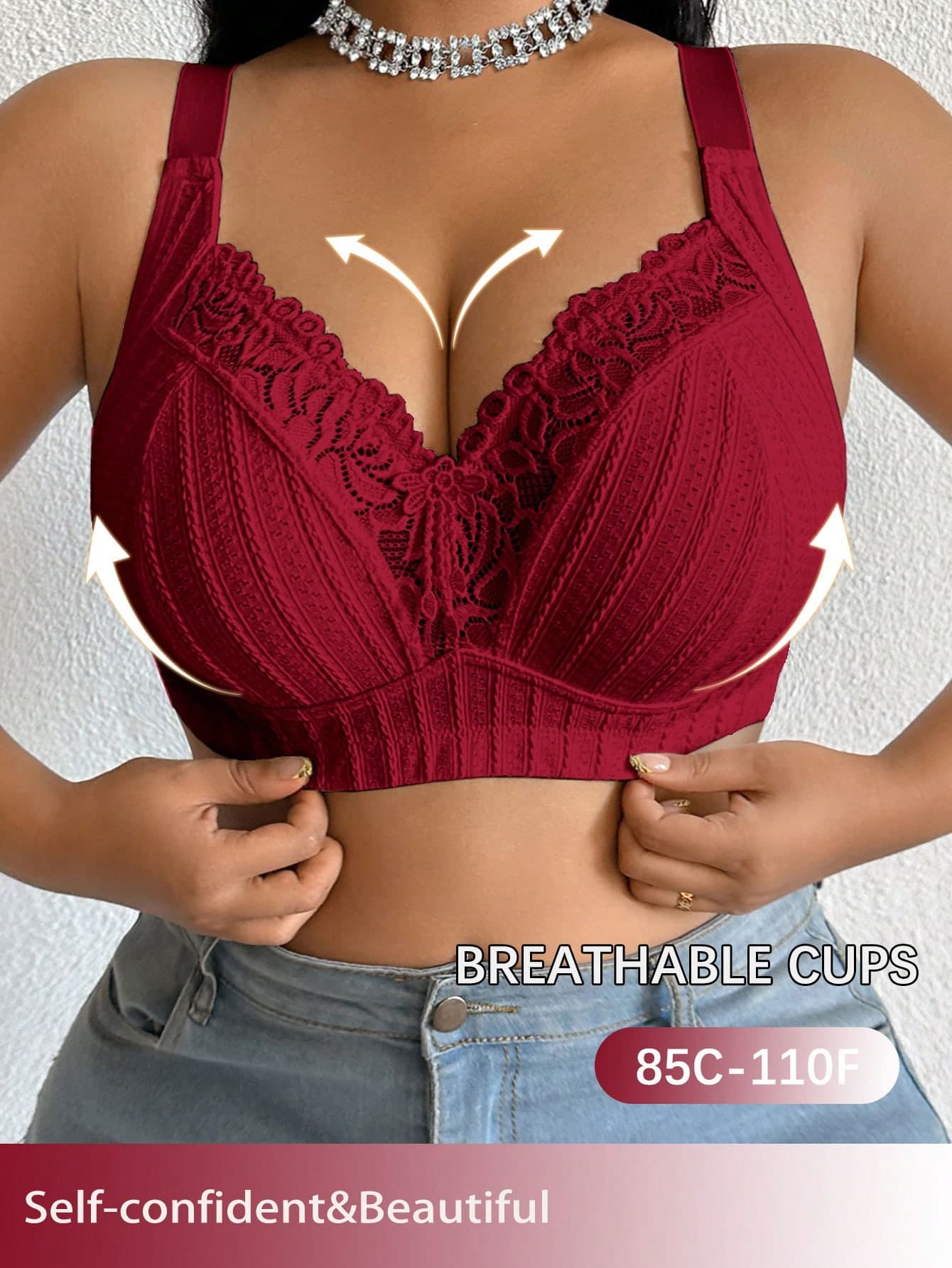 Plus Size Women Non-Wired Bra, Breathable Non-Slip Lace Patchwork Lift Up Adjustable Strap Seamless Everyday Wear