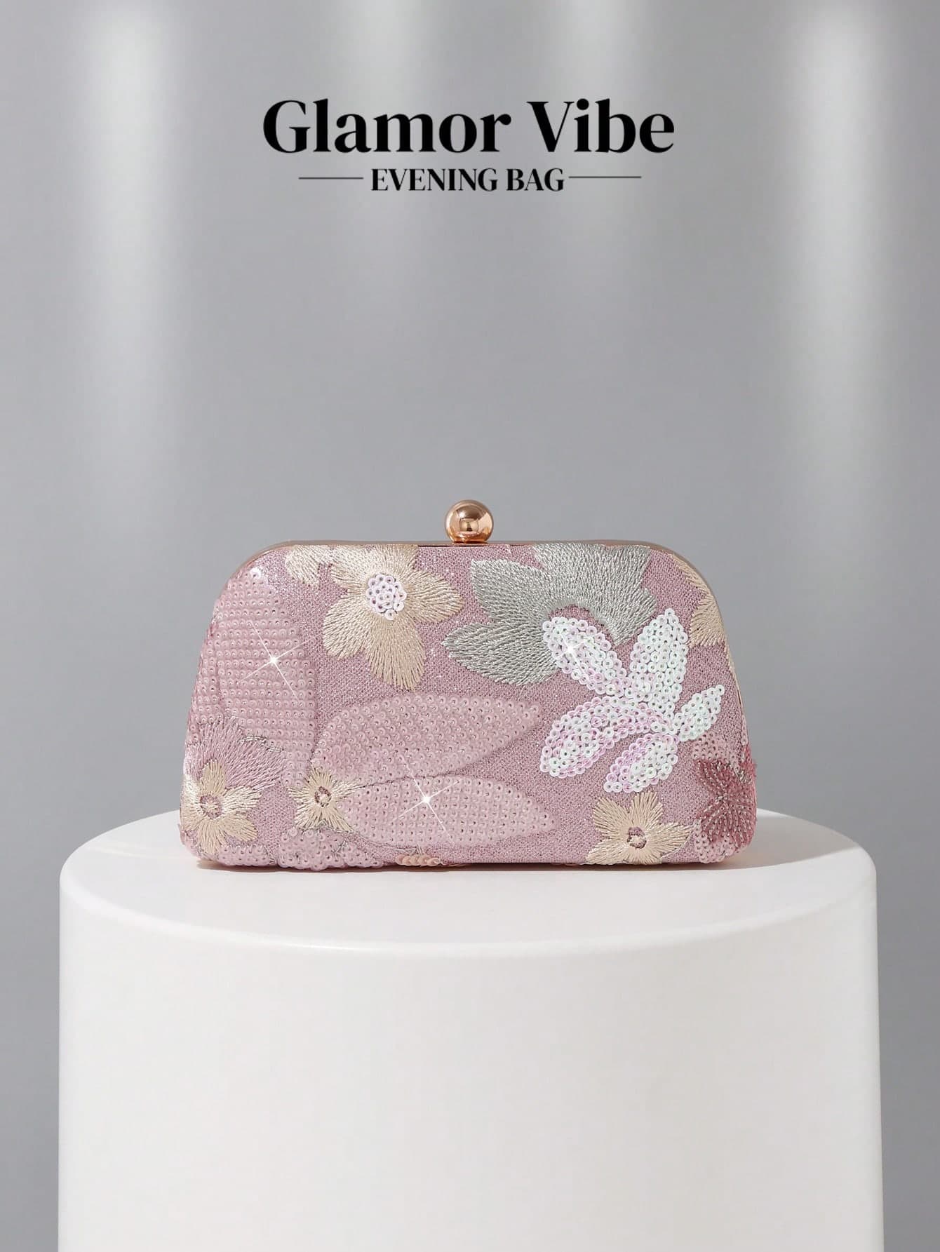 1pc Pink Sequin Embroidered Evening Clutch, Sequin Embroidery Craftsmanship Handbag, 3D Floral Pattern (Random Design), Party Bag, Wedding Purse, Valentine's Day Gift, Detachable Metal Chain, Handheld Or Crossbody, Perfect Match For Formal Dresses, Cheongsam And Other Occasion Wear.