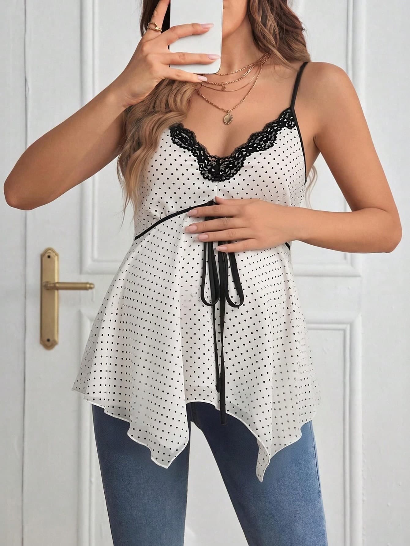 Pregnant Women's White Lace V-Neck Polka Dot Print Tie-Waist Asymmetrical Hem Camisole, Elastic Soft Fabric, Versatile For Home, Outings And Casual Daily Wear Summer