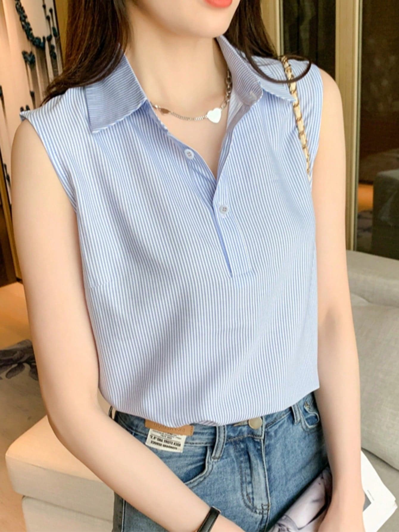 Women's Blue Striped Sleeveless Polo Shirt, Casual Summer Blouse, Stylish Striped Outerwear Top, Sleeveless Vest, Regular Fit, Lightweight Non-Stretch Polyester Fabric, Elegant Top