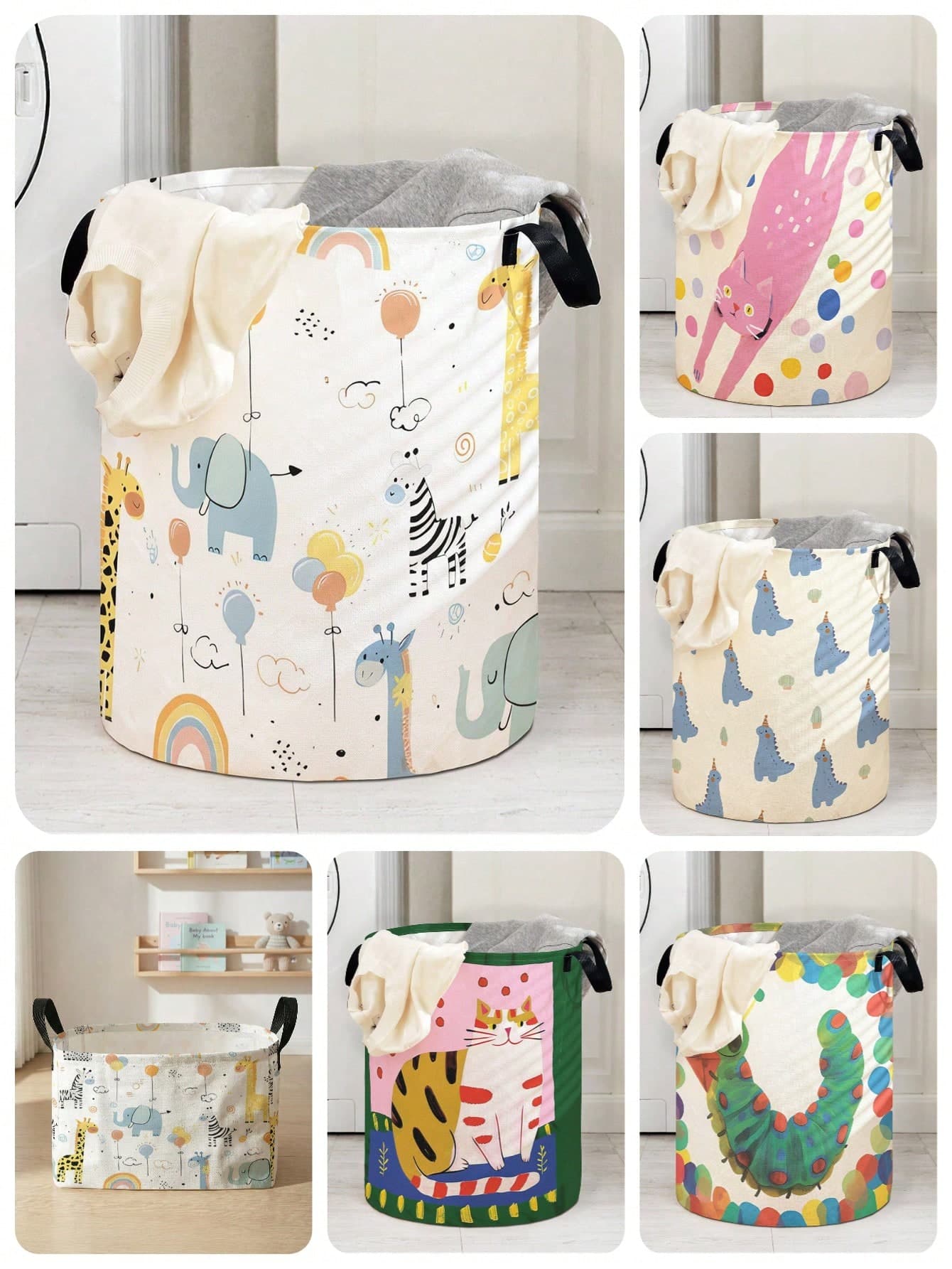 1pc Cute Animal Pattern Foldable Large Capacity Round Storage Basket With Handle, Multi-Purpose Storage Bin For Nursery, Baby Items, Diapers, Clothes, Toys Organizer, Collapsible Baby Goods Storage Box