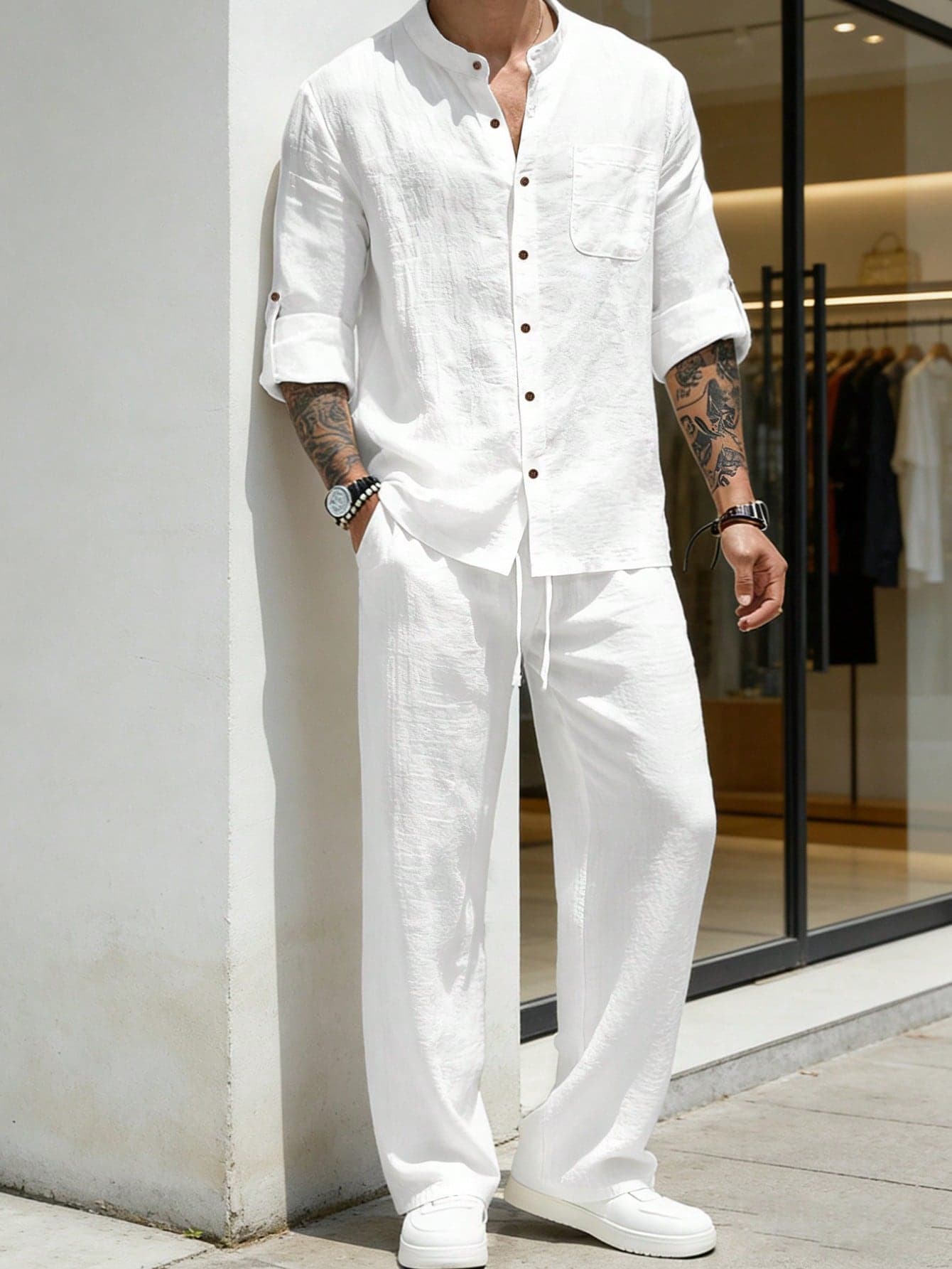 Kolrap 2-Piece Men's Summer Thin Solid Color Vintage Regular Fit Long Sleeve Button-Up Stand Collar Shirt + Long Straight Leg Pants Set, Casual Vacation Style, Gift For Husband/Boyfriend, Perfect For Hot Summer (Thin Fabric May Wrinkle, Slightly Sheer, Size Runs Large)