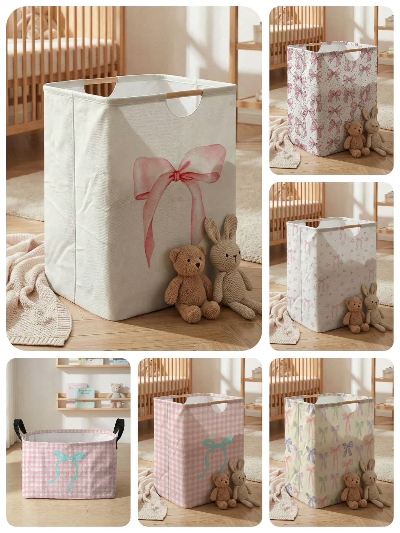 Large Capacity Foldable Laundry Basket With Bow Print, Wooden Handle, Multipurpose For Bathroom, Nursery, Dirty Clothes, Toys & Household Storage