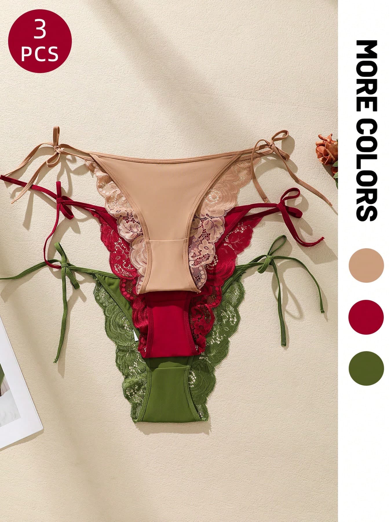 3pcs Women's Solid Color Lace Trim Tie Front Bikini Panties, Soft & Smooth Fabric Sexy Underwear