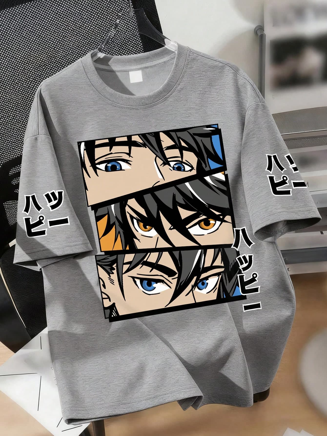 Loose Fit Anime Aesthetic T-Shirt For Teenage Boys, Featuring Face Panel Eye Print And Japanese Slogan Accent, Oversized Short Sleeve Top, Suitable For Anime Gatherings, Weekend Meetups, Street Style