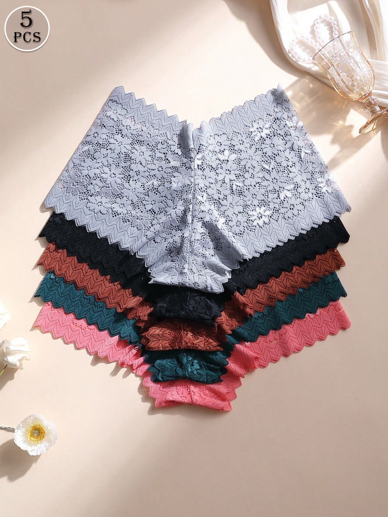 5pcs/Set Women Sexy Lace Patchwork Mid-Waist Seamless Briefs, Comfortable Hipster Panties, Tummy Control & Butt Lifting, Suitable For Daily Wear & Sports/Yoga