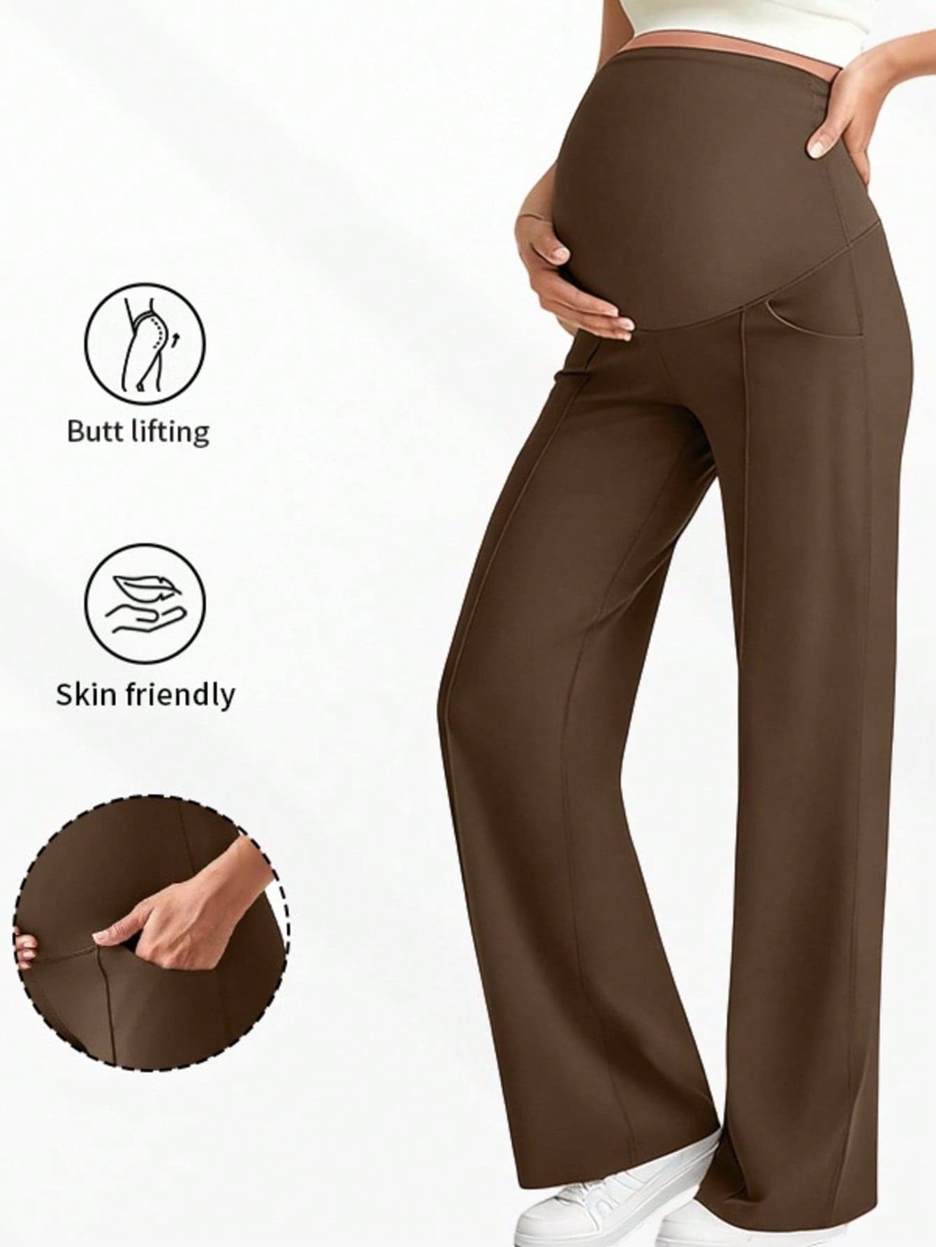1pc Women's Maternity Pants, With Pockets, Elastic Waistband Doesn't Constrict Belly, Dual Pockets For Convenient Carrying Sports