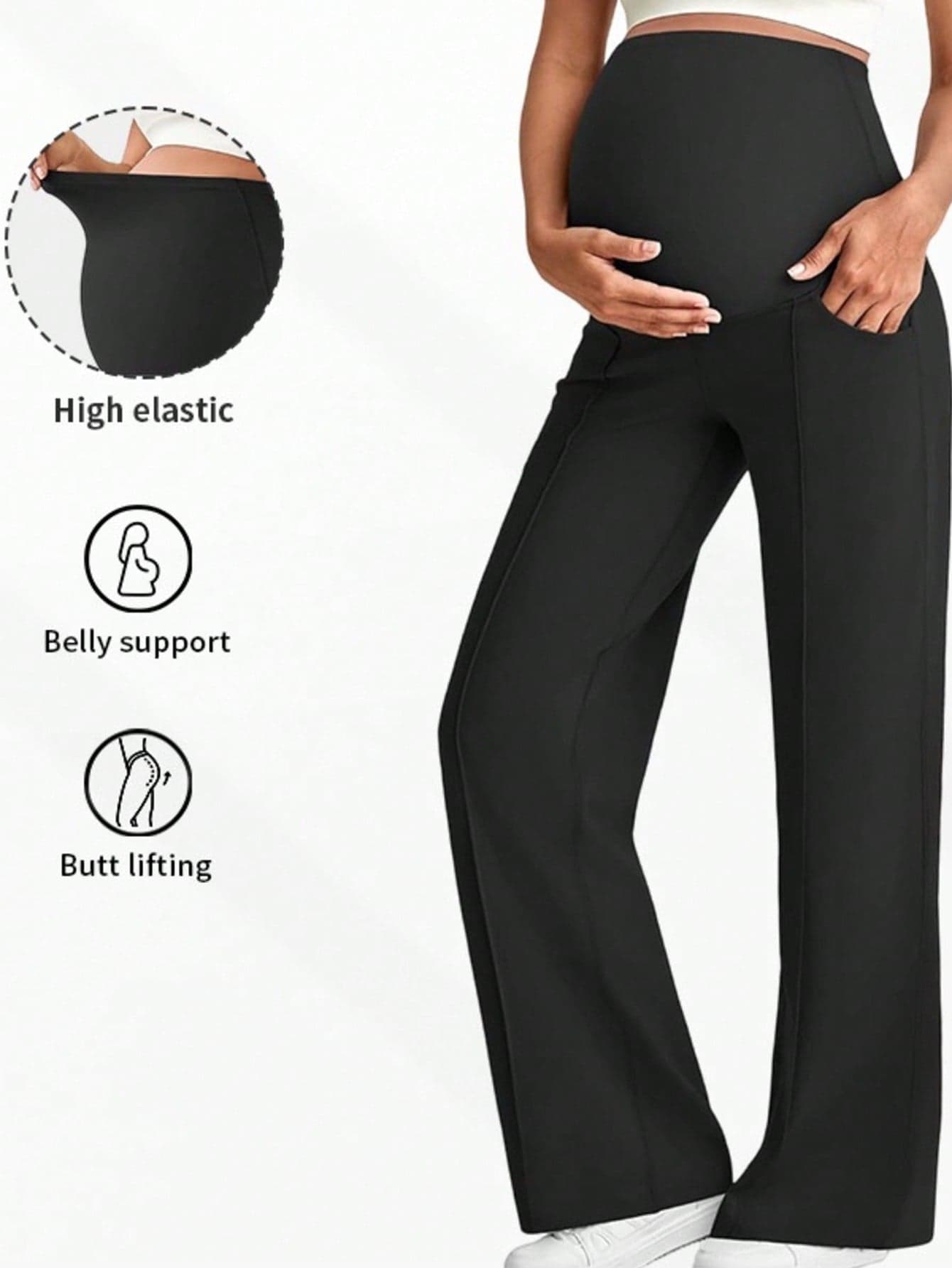 1pc Women's Maternity Pants, With Pockets, Elastic Waistband Doesn't Constrict Belly, Dual Pockets Convenient To Carry Black