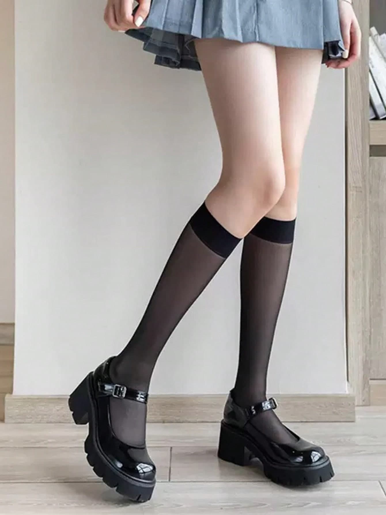 1 Pair Women's Black Mid-Calf Socks, Sexy Style, Perfect Match For Mary Jane Shoes, Slimming And High-End