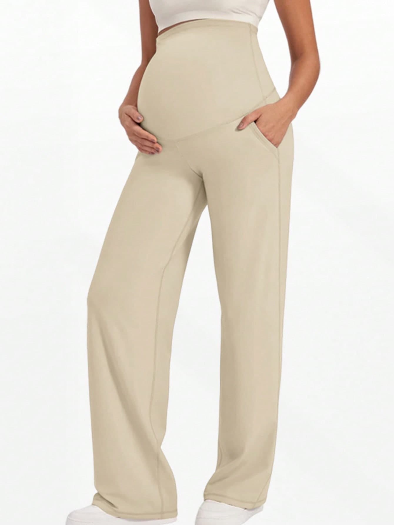 1pc Women's Maternity Pants, Pure Black Minimalist Style, Elastic Waistband Design, No Pressure On Abdomen