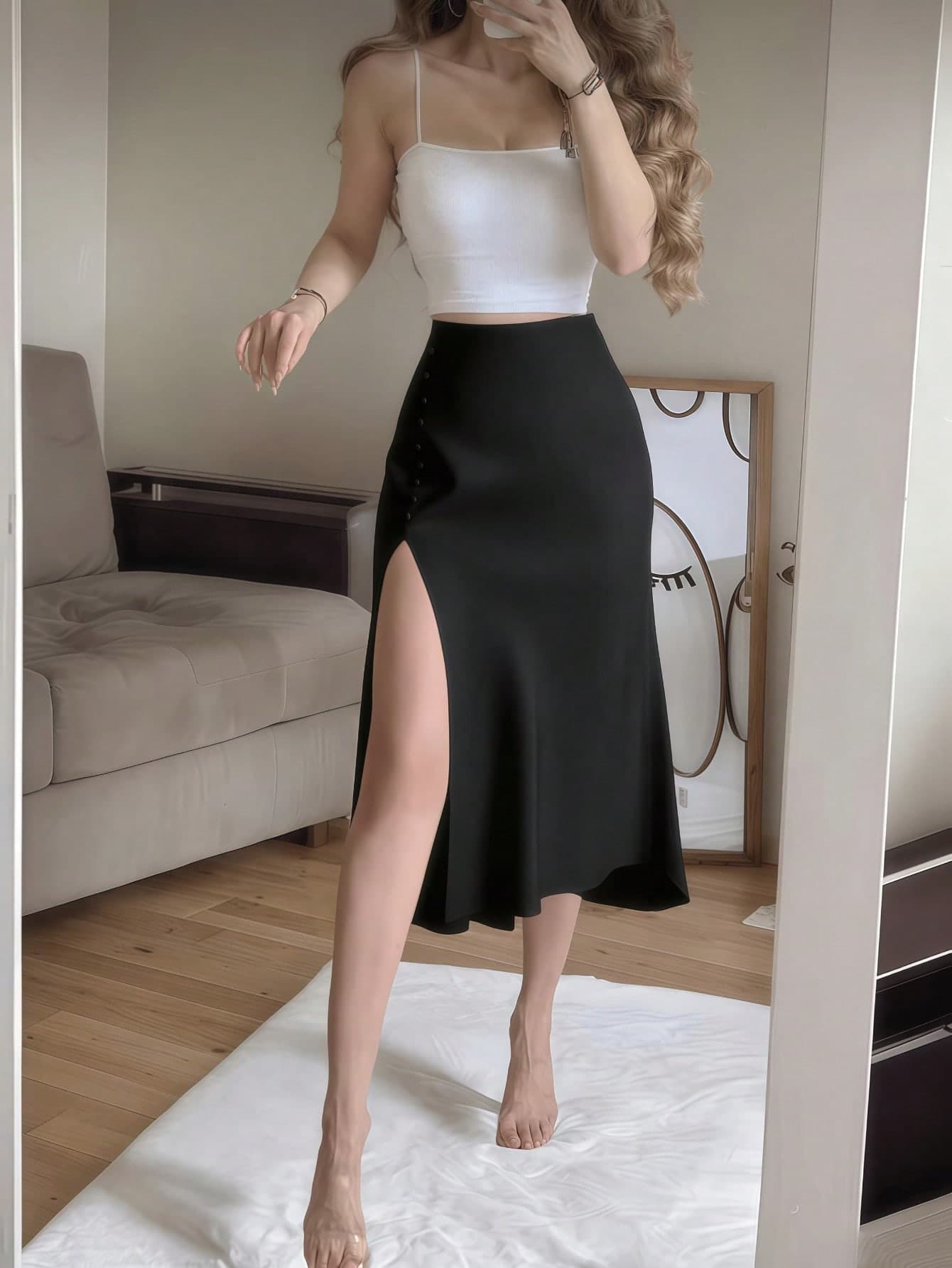 Women's Elegant Black Satin High Waist High Slit Button Skirt Spring