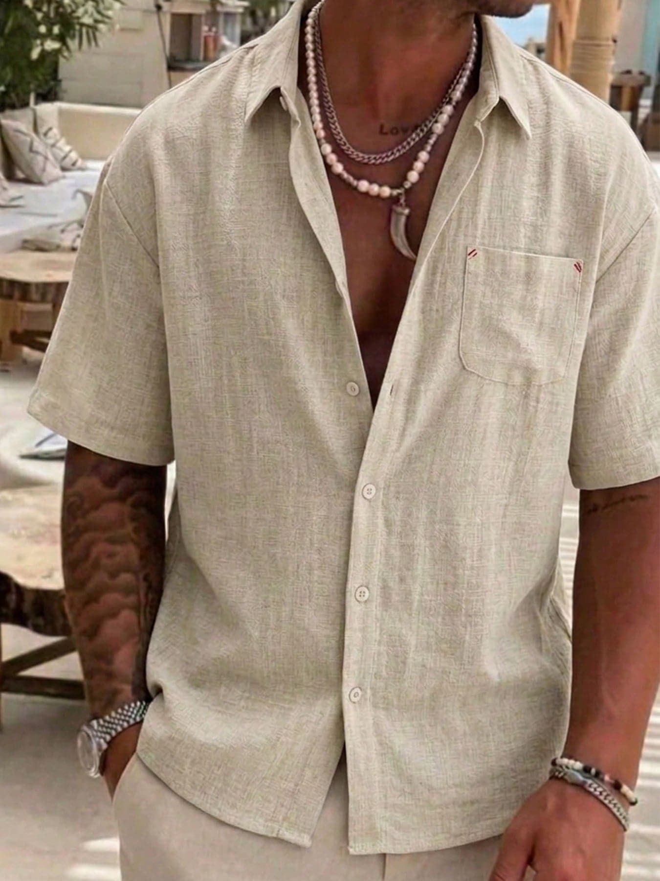 1pc Black Faux Linen Men's Classic Collar Short Sleeve Shirt, Lightweight Men's Shirt, Men's Top, Men's Vacation Short Sleeve Shirt, Chest Pocket Design, Casual Vacation Style, Machine Washable, Summer Beach Vacation, Beach Stroll, Seaside Outing Wear Men's T-Shirt, Size Runs Large, Can Order One Size Down