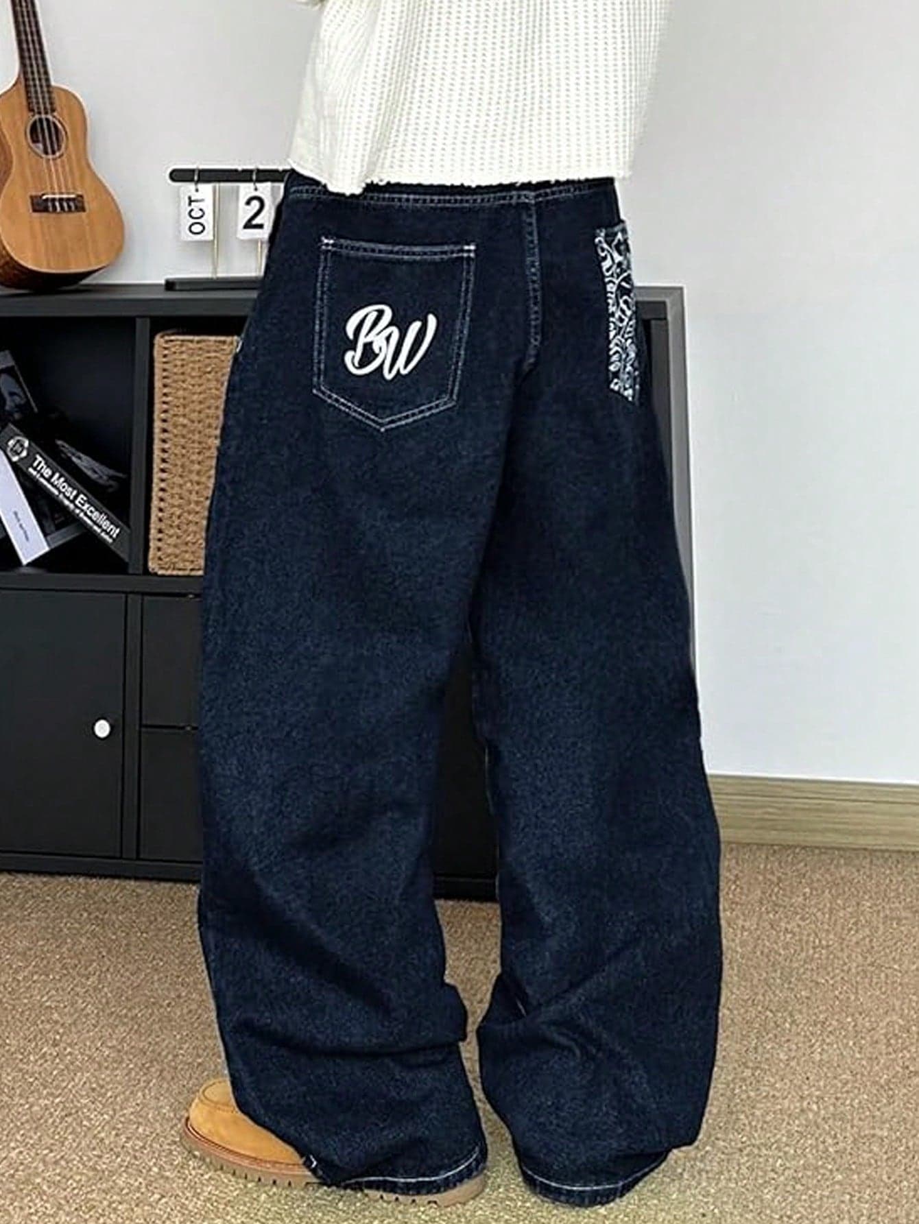 Teens/Youth Boys Loose Fit Baggy Jeans With Back Pocket English Embroidery